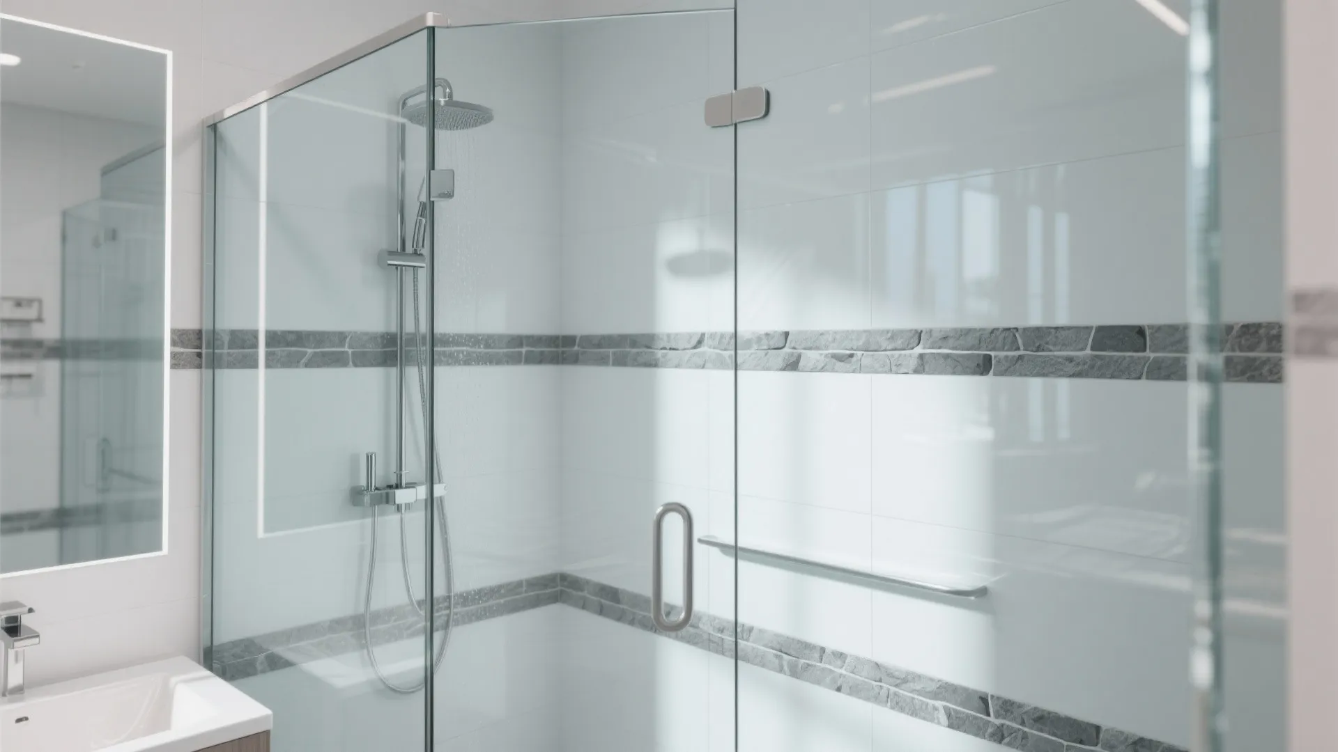 8. Frameless Glass Shower with Grey Detail