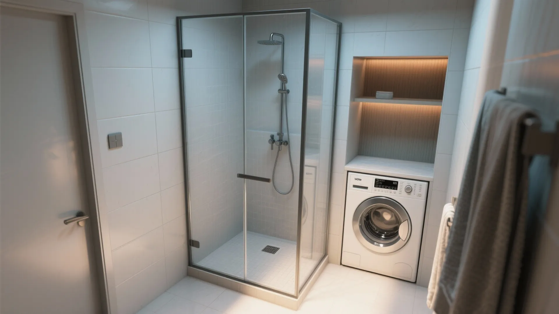 Glass shower enclosure standing next to a white washing machine built into wall storage unit