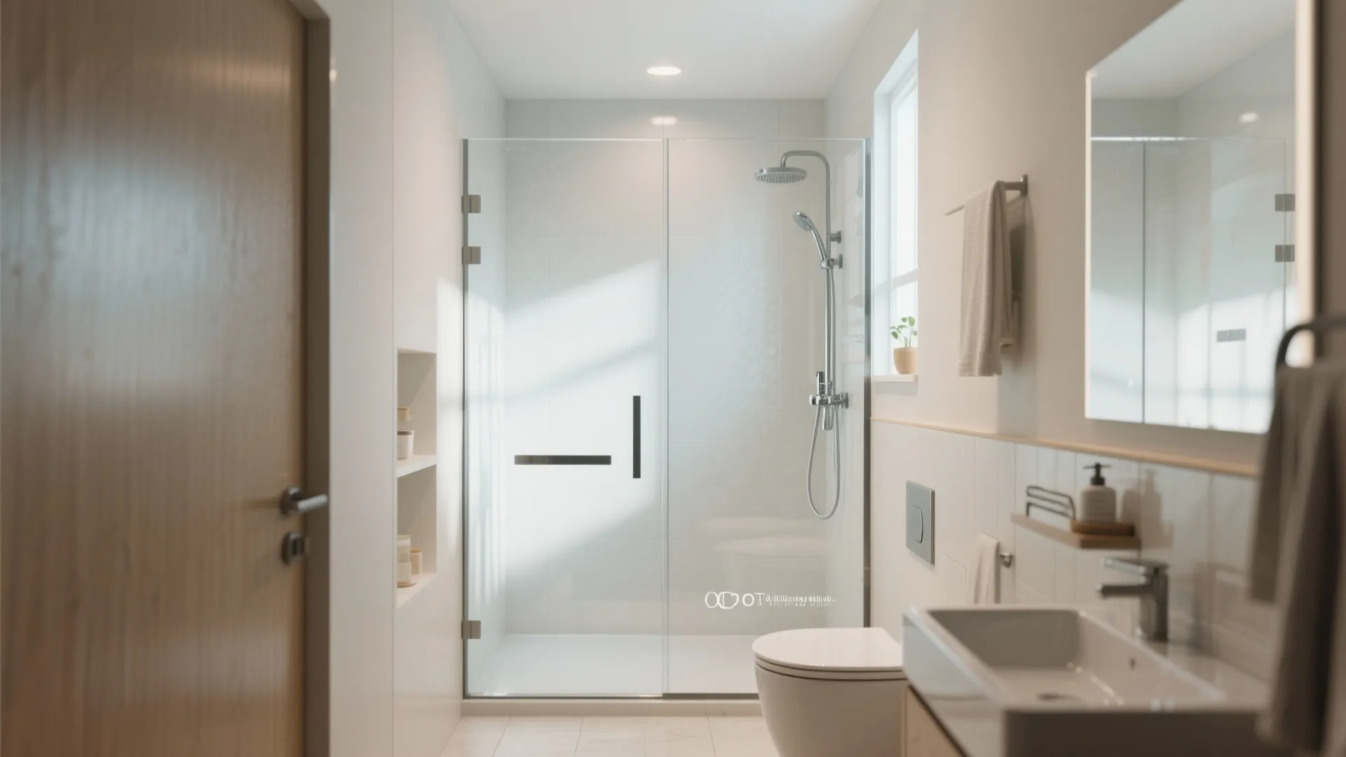 Bright bathroom interior featuring a glass shower door next to a white toilet and sink