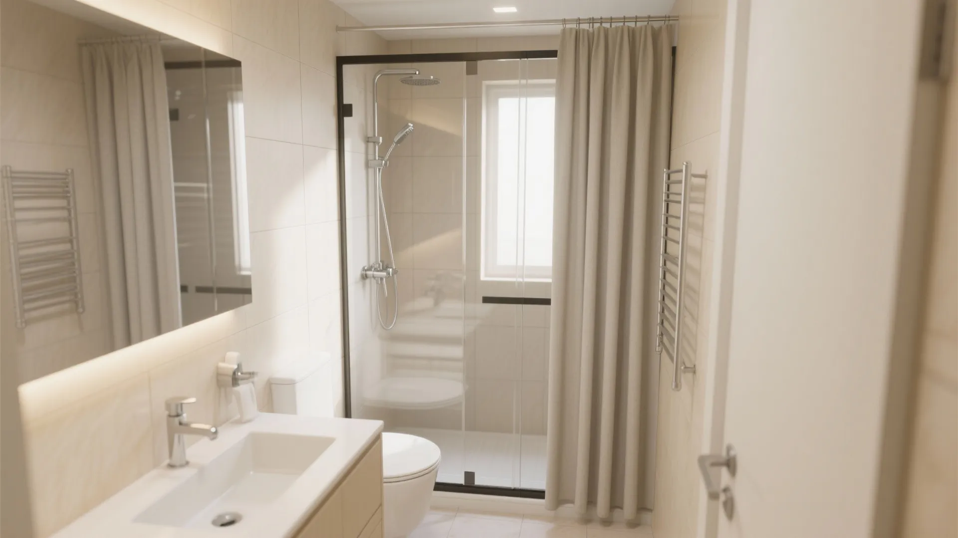 Bright bathroom featuring glass shower door beige curtain white sink mirror and wall towel rack