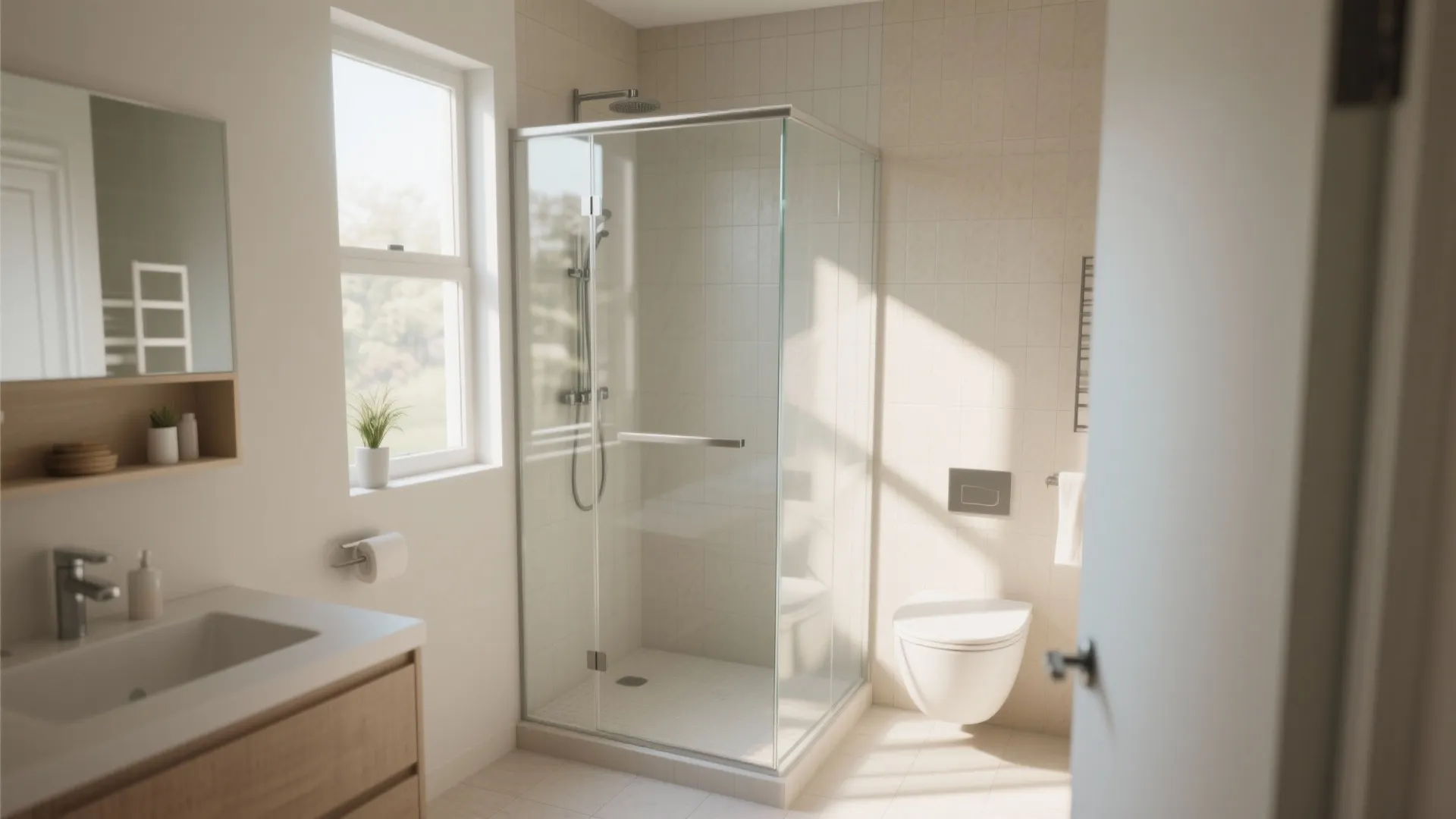 Modern bathroom design with glass shower white toilet wooden sink vanity window and beige wall tiles