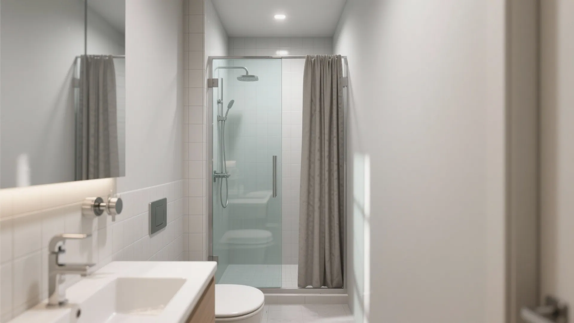 Modern bathroom featuring glass shower door with brown curtain white toilet and small white sink