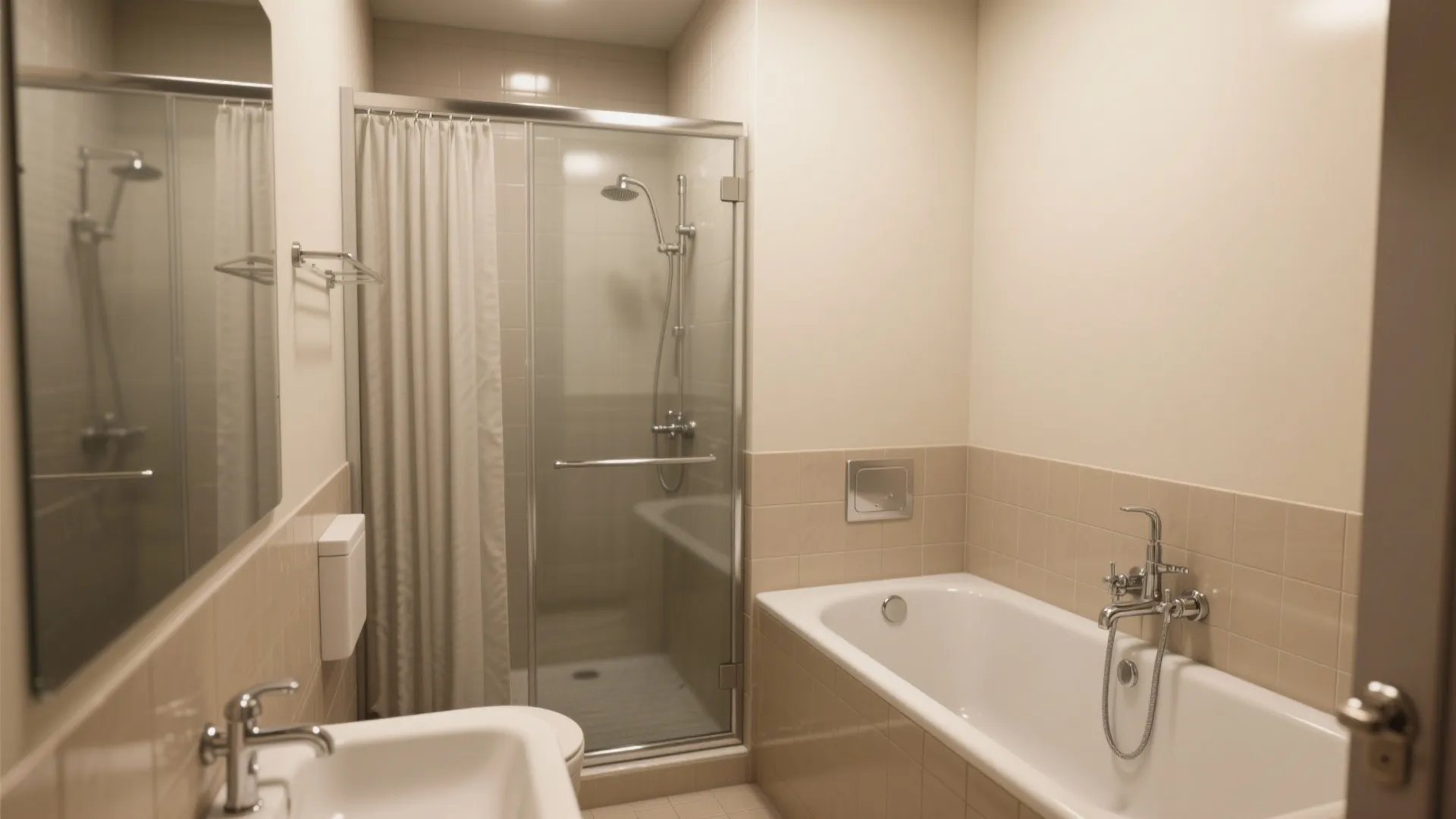 Beige bathroom with a glass shower stall curtain bathtub mirror and a white sink bowl