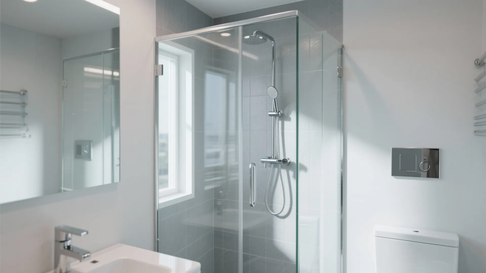 Modern small bathroom showing glass shower door silver shower head white toilet and wall mirror