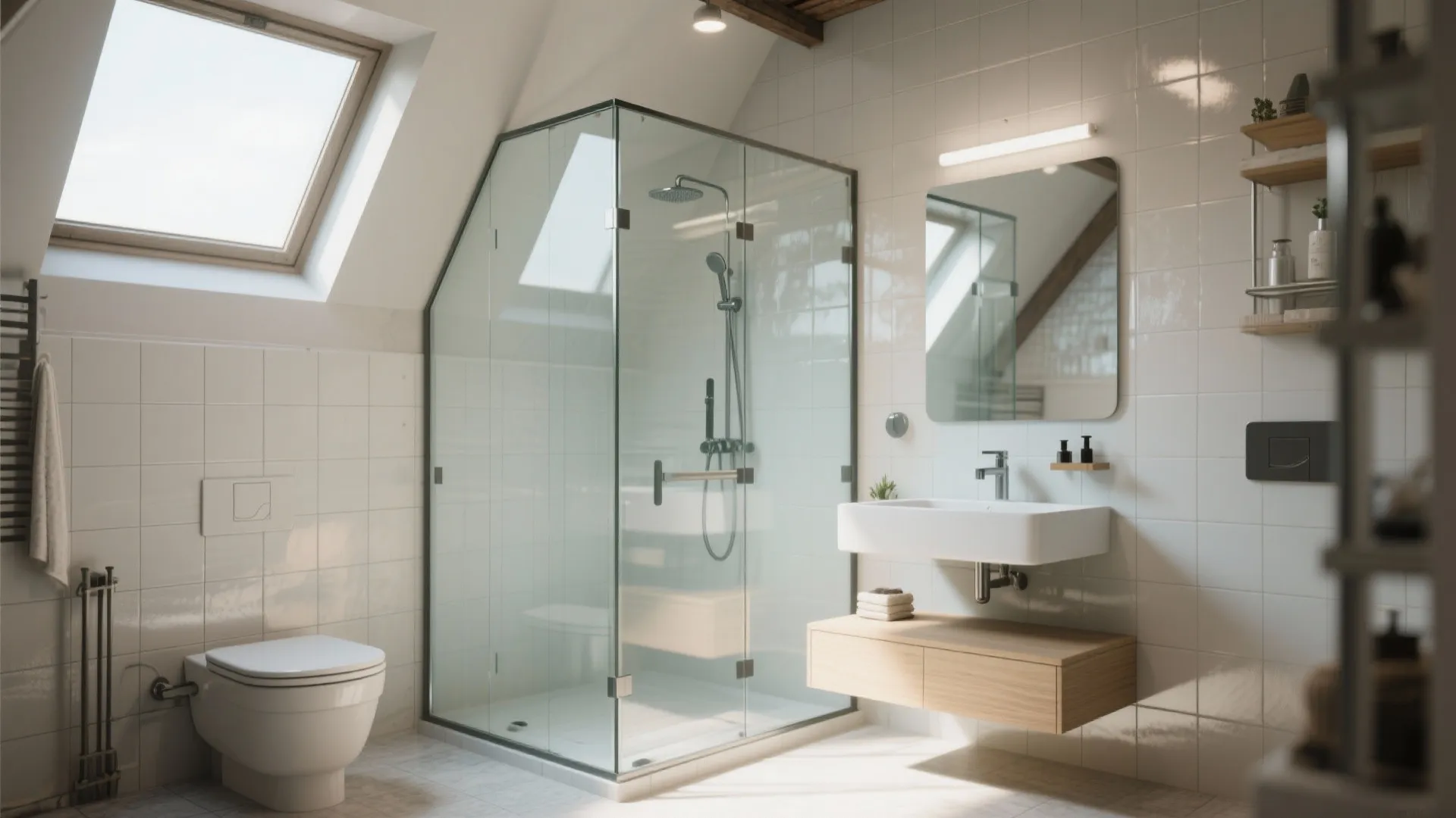 Bright bathroom interior design with glass shower cabin, white sink, wooden cabinet, and roof window