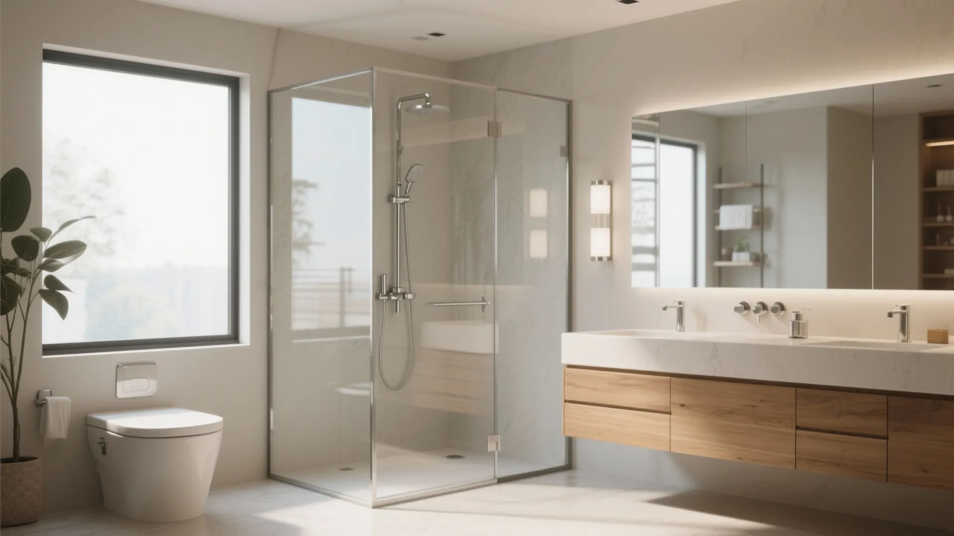 Modern bathroom with glass shower door wooden cabinet white toilet large window and bright natural light