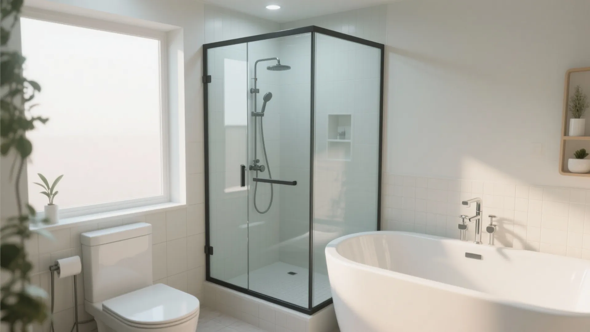 Small bathroom with fixed glass shower screen over tub