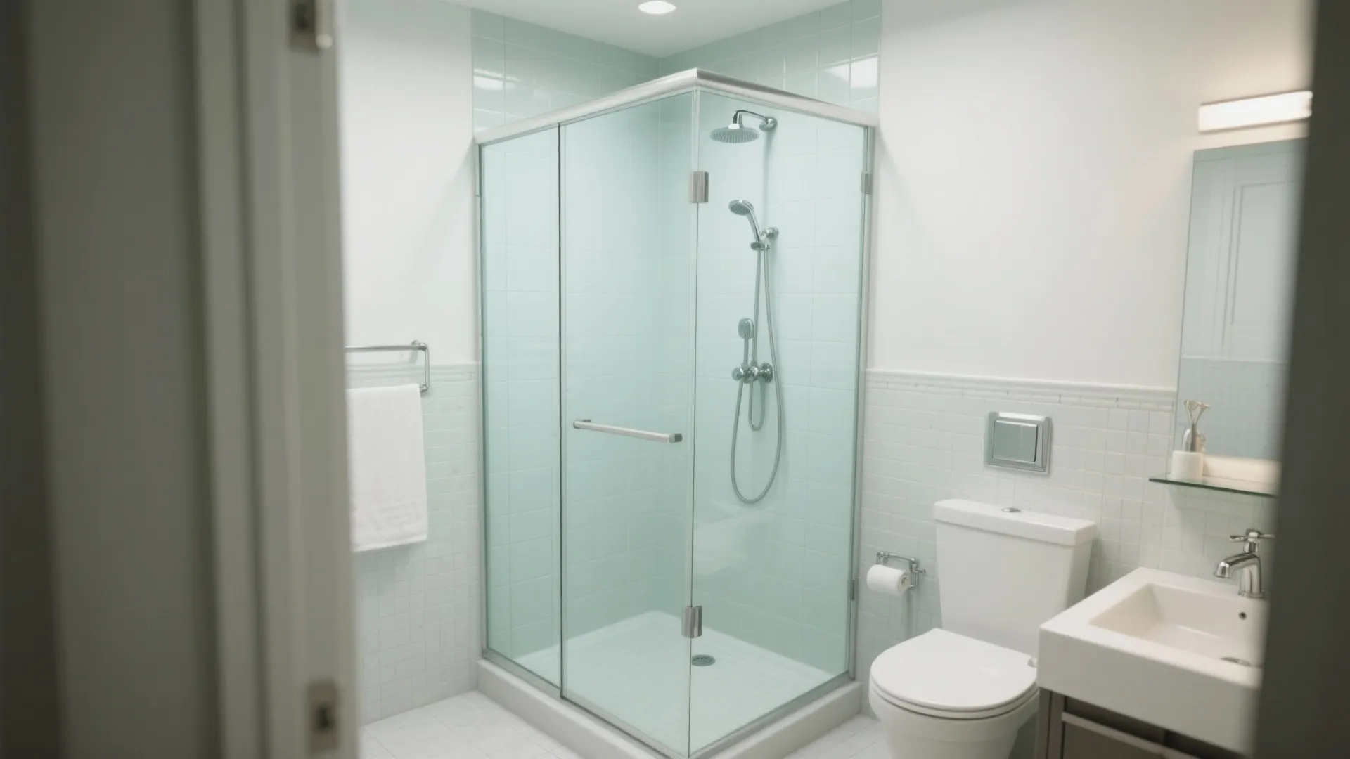 Small white bathroom interior design with glass shower enclosure toilet and light wood vanity cabinet