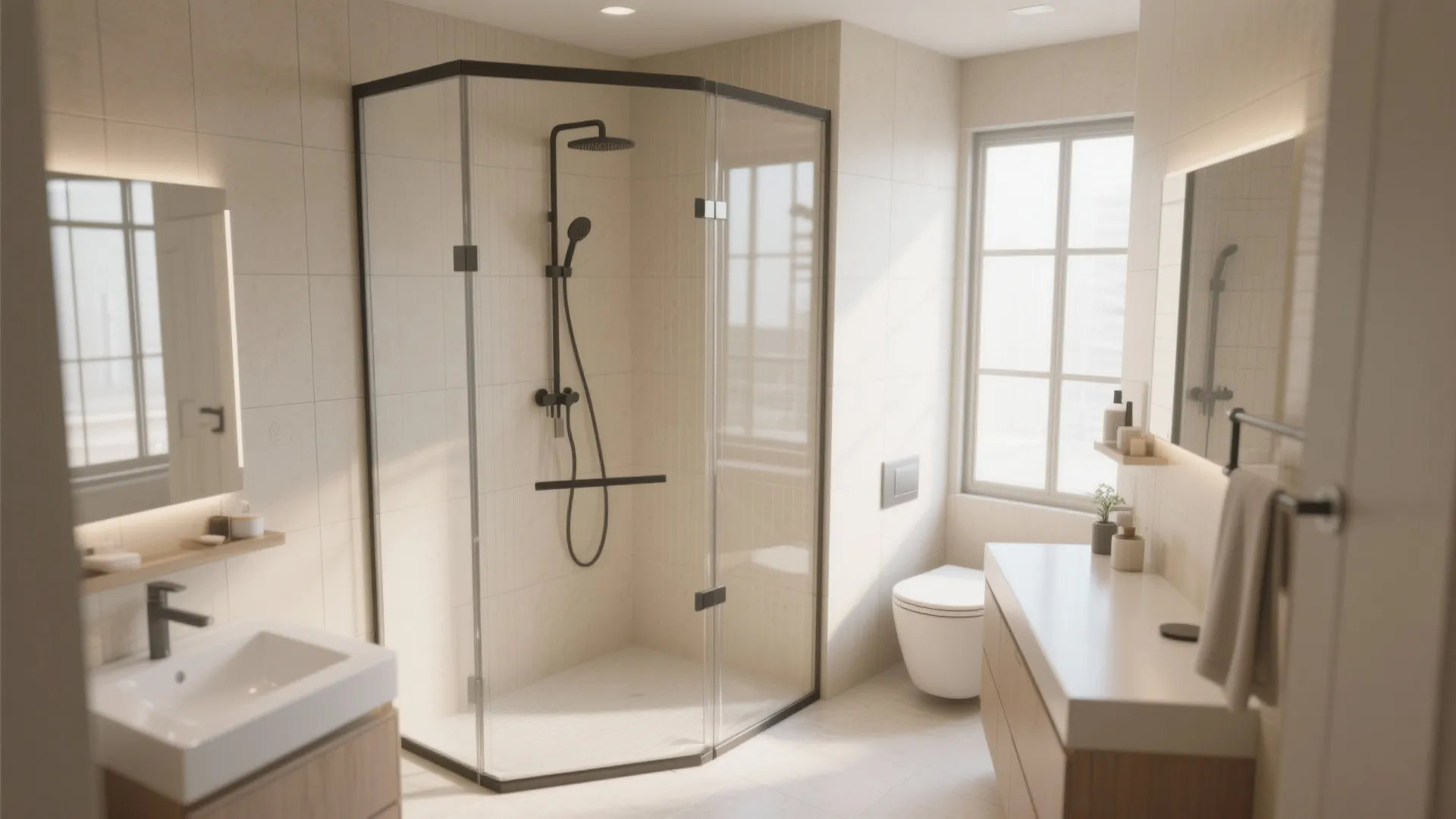 Bright bathroom interior featuring glass shower cabin white toilet wooden vanity and large bright window