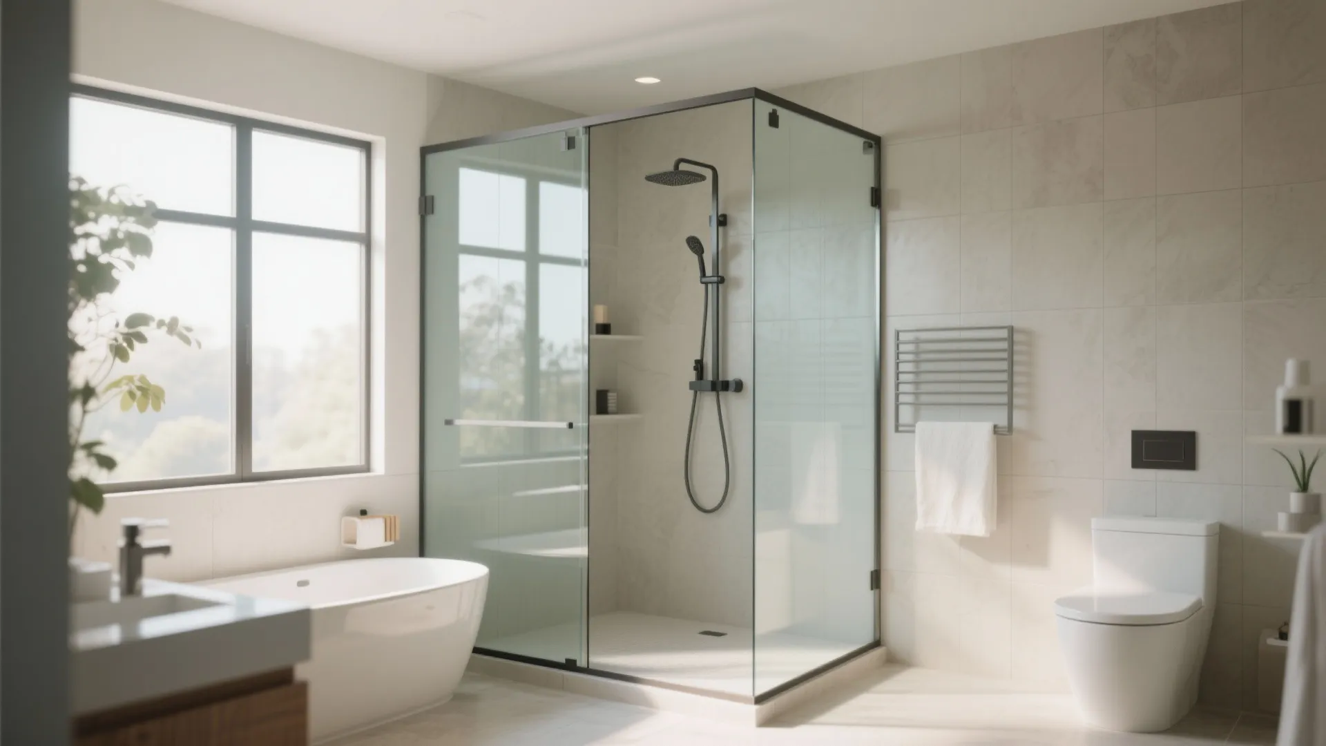 Modern bathroom with glass shower door black frame white bathtub toilet and soft natural light