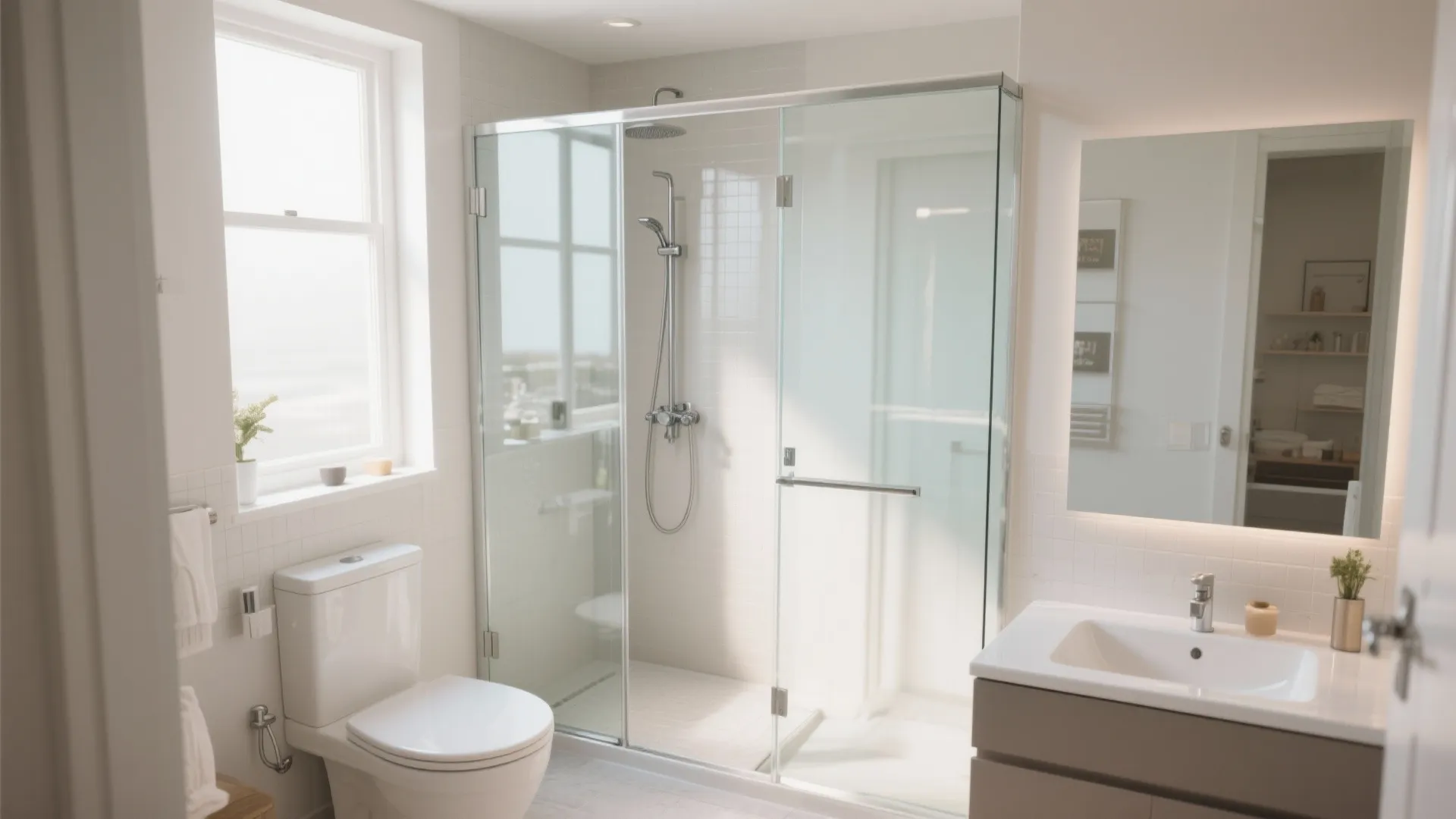 Clean white bathroom showing glass shower door toilet sink mirror window and bright natural light