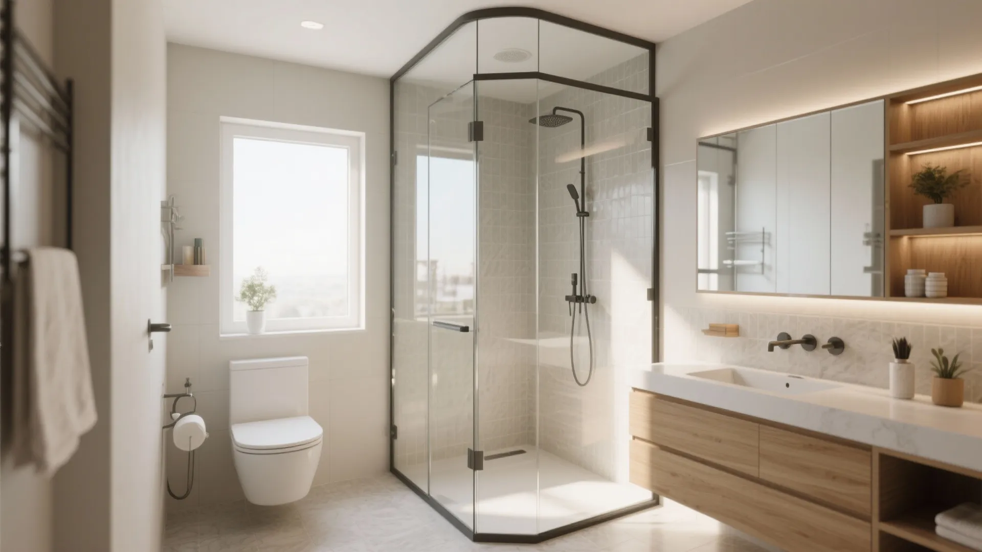 Modern bathroom with glass shower door white toilet wooden cabinet mirror and bright window light source