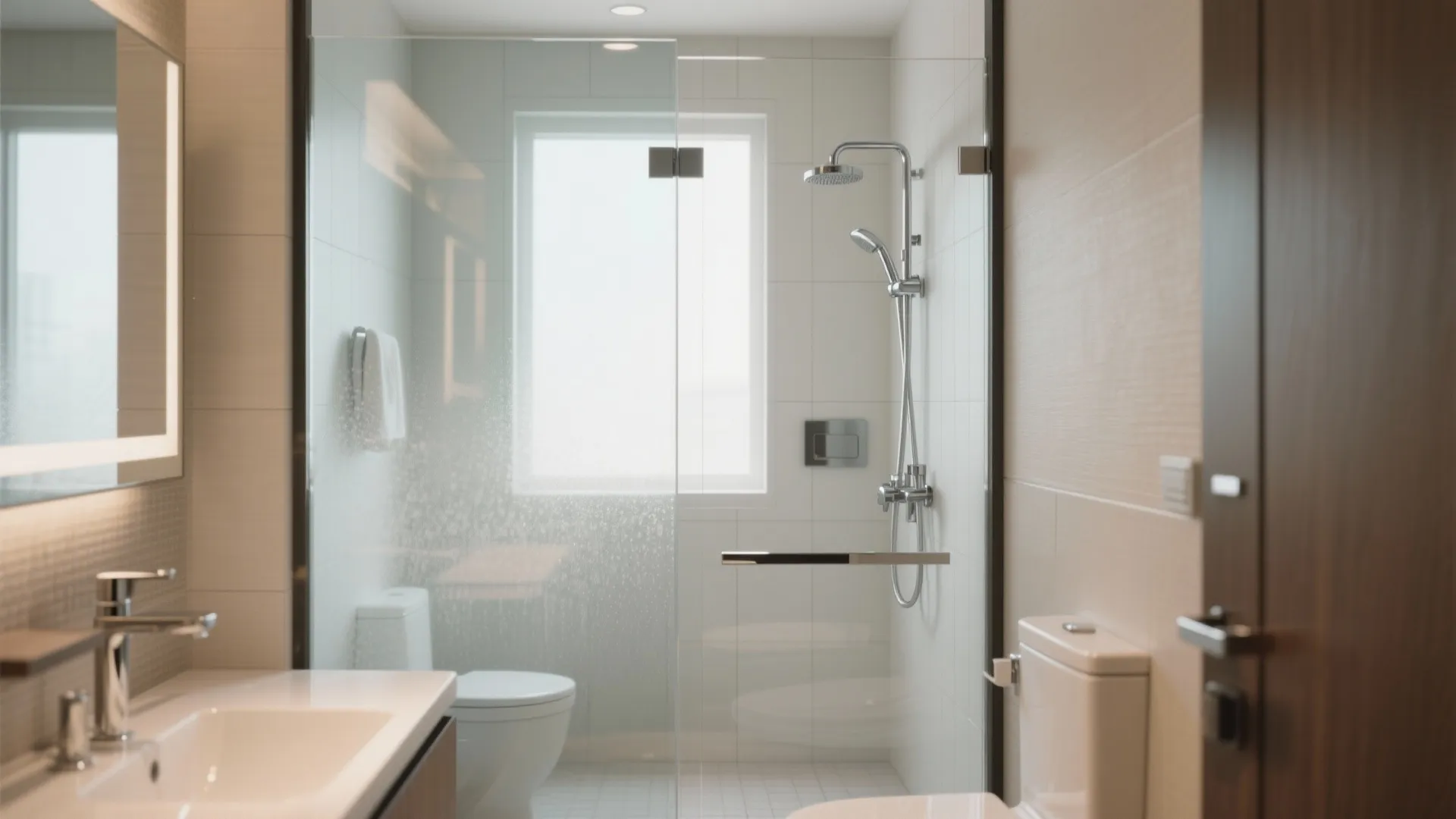 Bright bathroom with glass shower door silver shower head white sink and white tiled walls