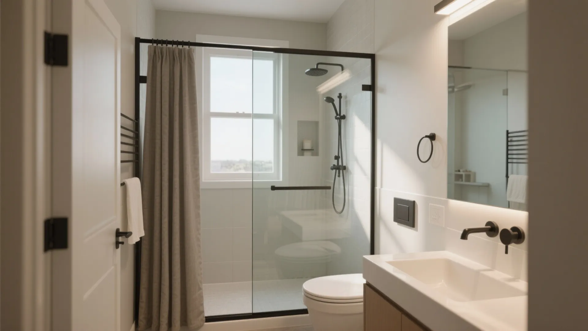 Minimalist bathroom interior featuring glass shower door brown curtain white sink and black faucet wall light