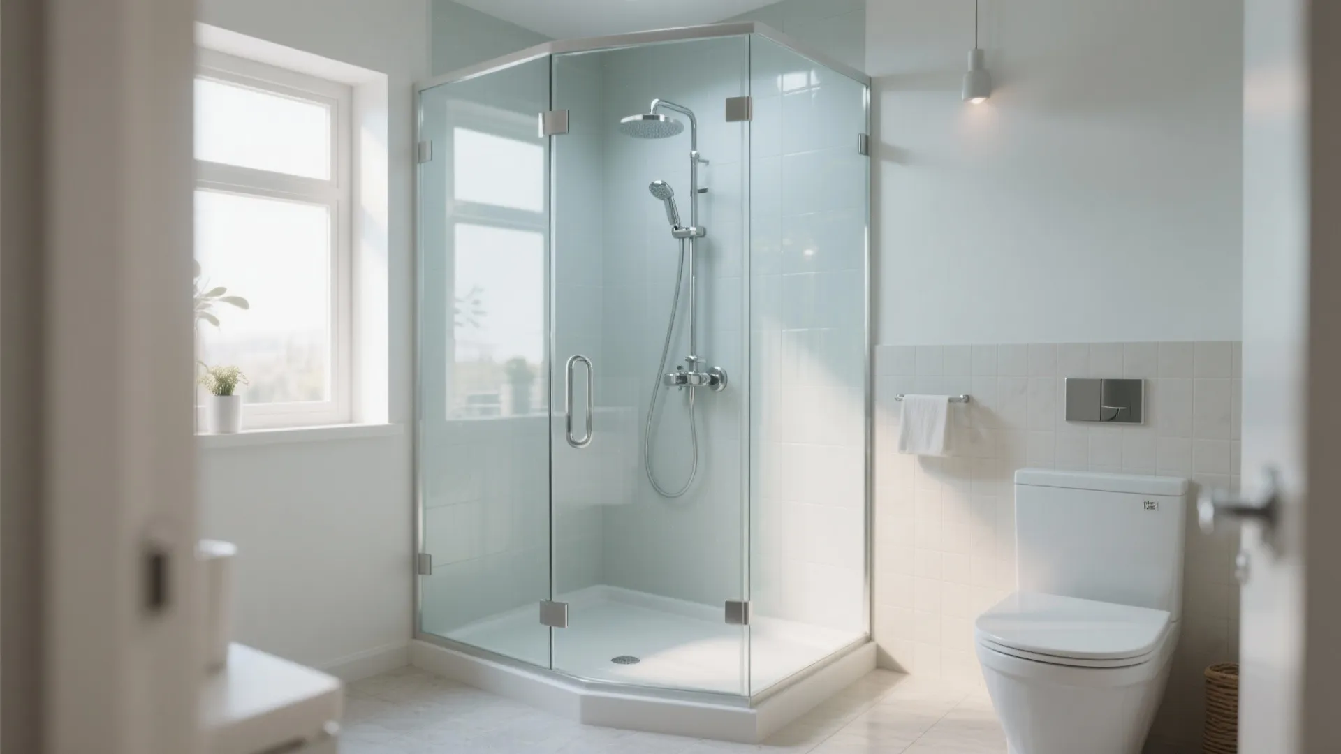 Small white bathroom interior showing glass corner shower cabin toilet and natural light from a window