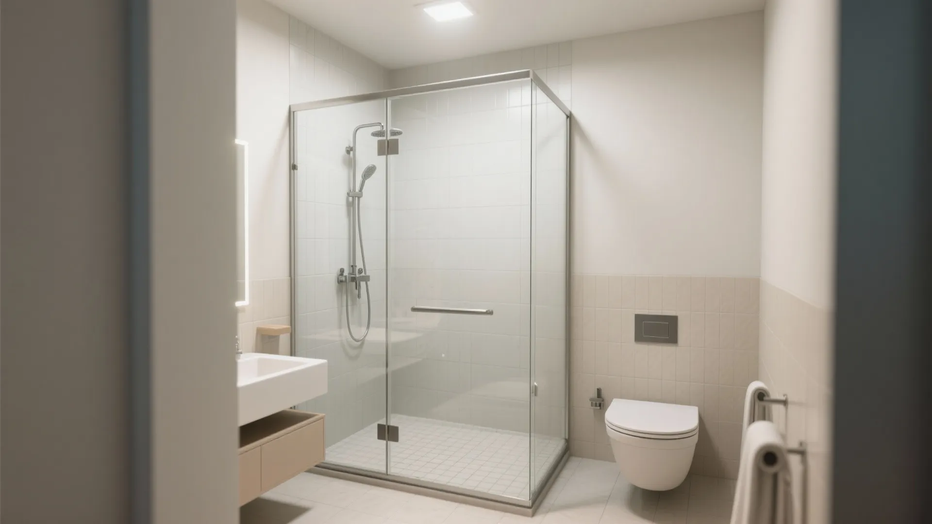 Small modern bathroom featuring glass shower cabin, white toilet, wooden vanity sink, and tiled walls
