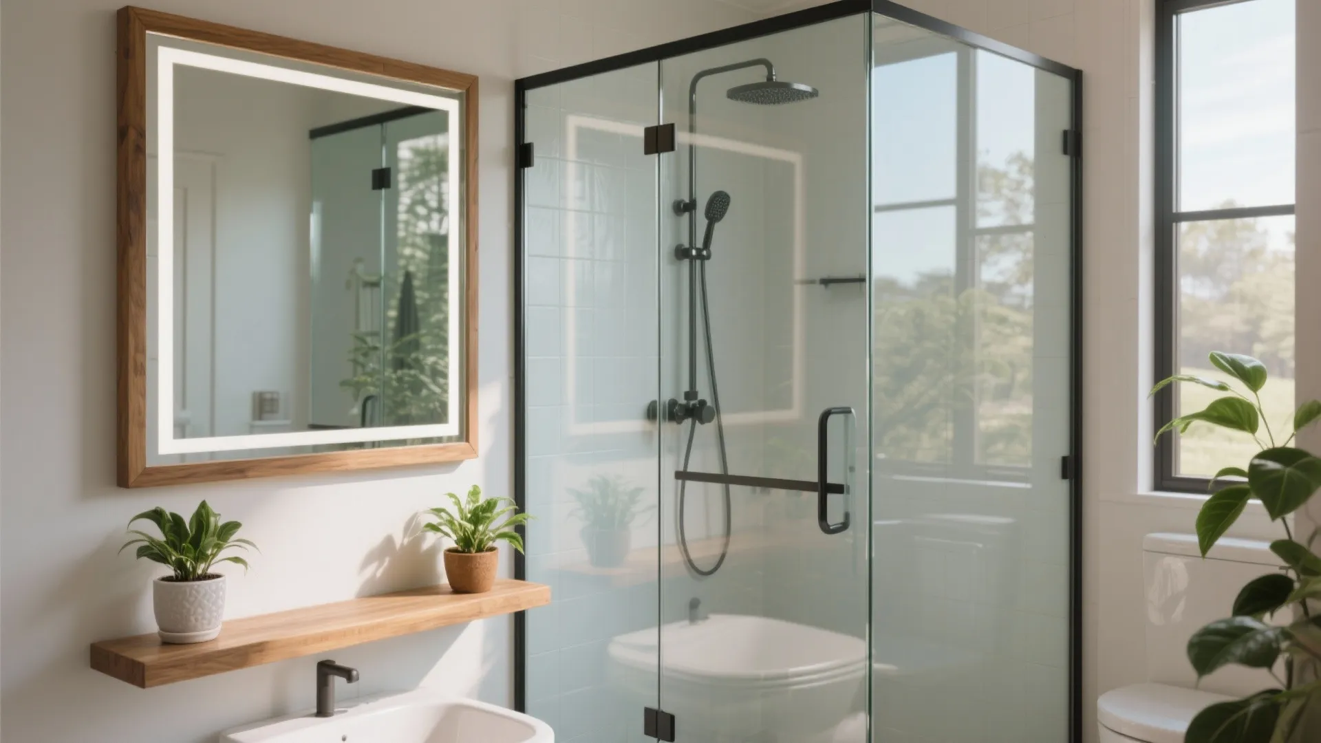 4. Full-height glass shower, timber trim, and potted greenery