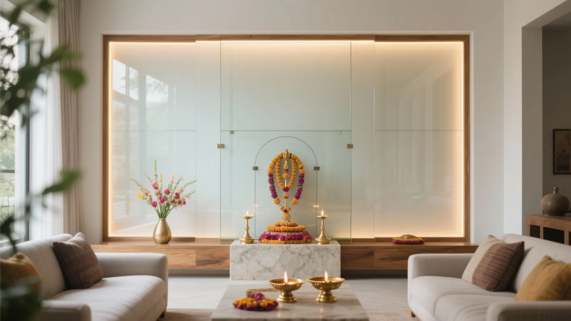 Modern prayer room with glass wall, marble pedestal, flower garlands, lit candles, and white sofas