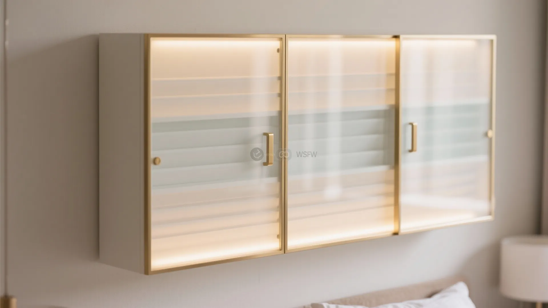 Three white wall cabinets with glass doors and warm internal light strips in a room