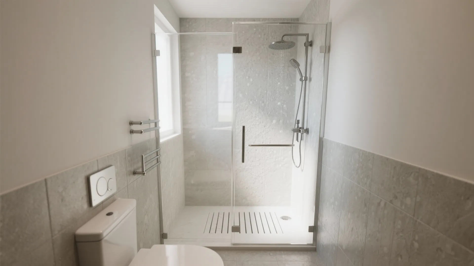 Modern bathroom with glass shower door, grey wall tiles, white toilet, and bright natural light