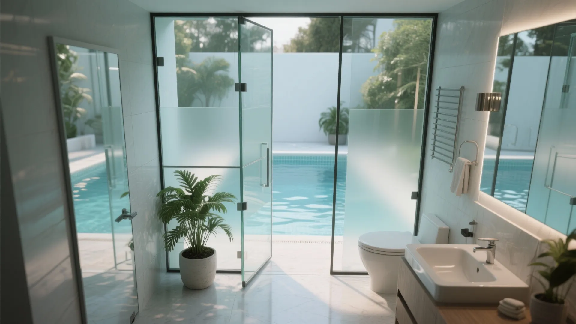 3. Glass partitions and sightlines — show off the water