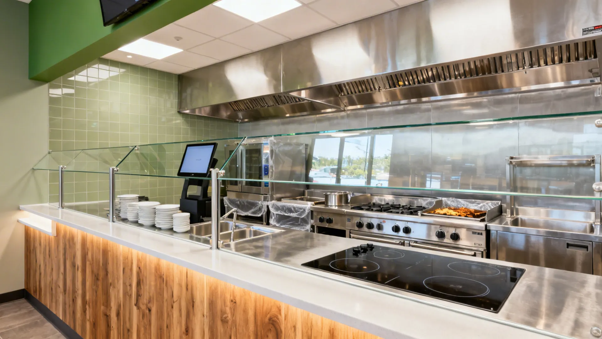 Commercial kitchen with tempered glass backsplash and clear sightlines between expo and cook line.