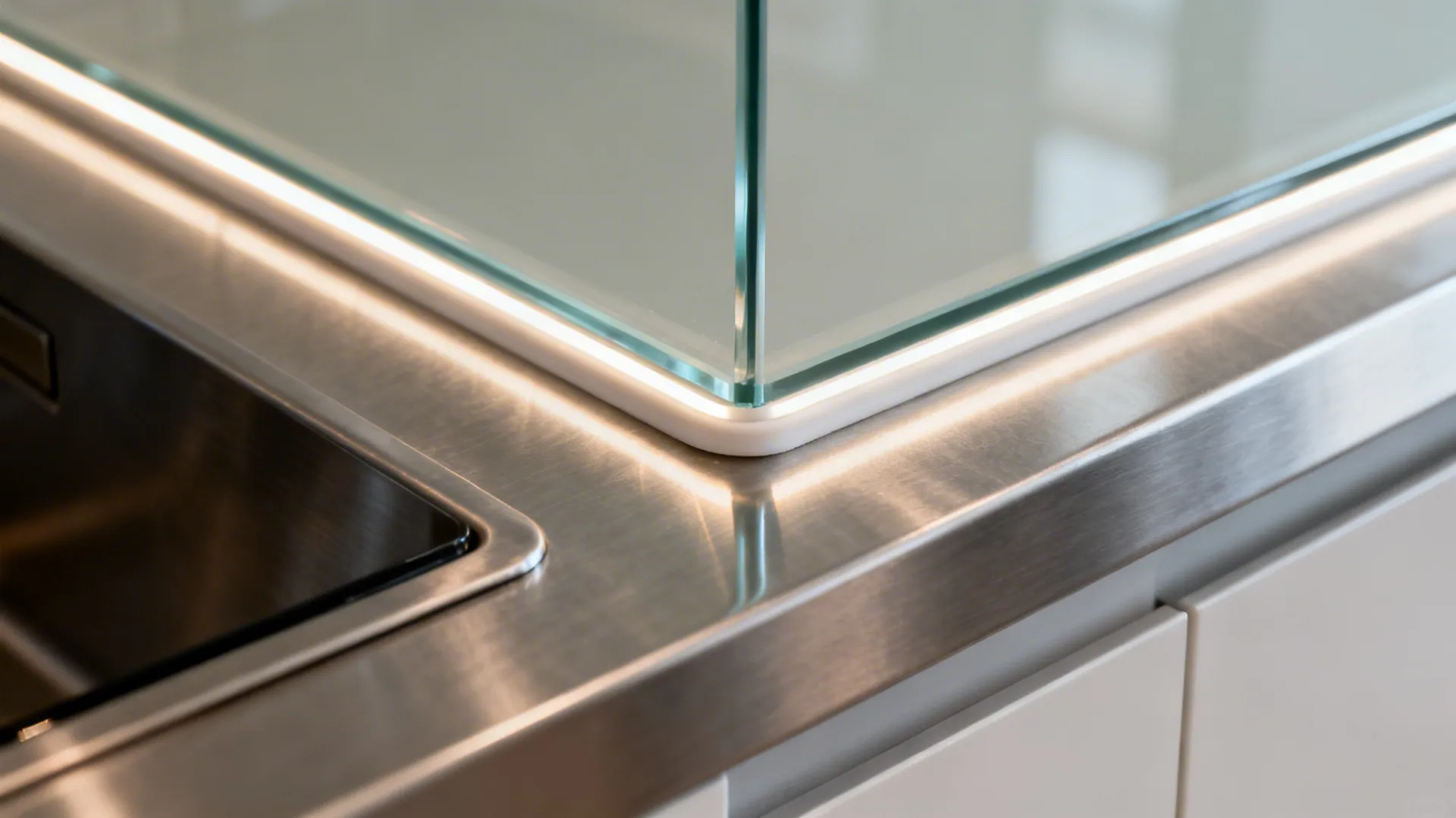 Close-up of a tempered glass backsplash with a clean silicone seam meeting a stainless counter.
