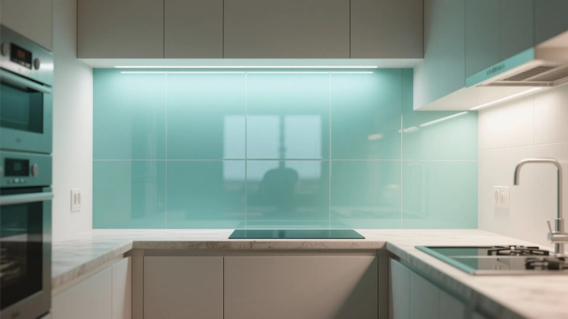 Small kitchen with a single colored tempered glass slab backsplash, glossy and seamless for easy cleaning.