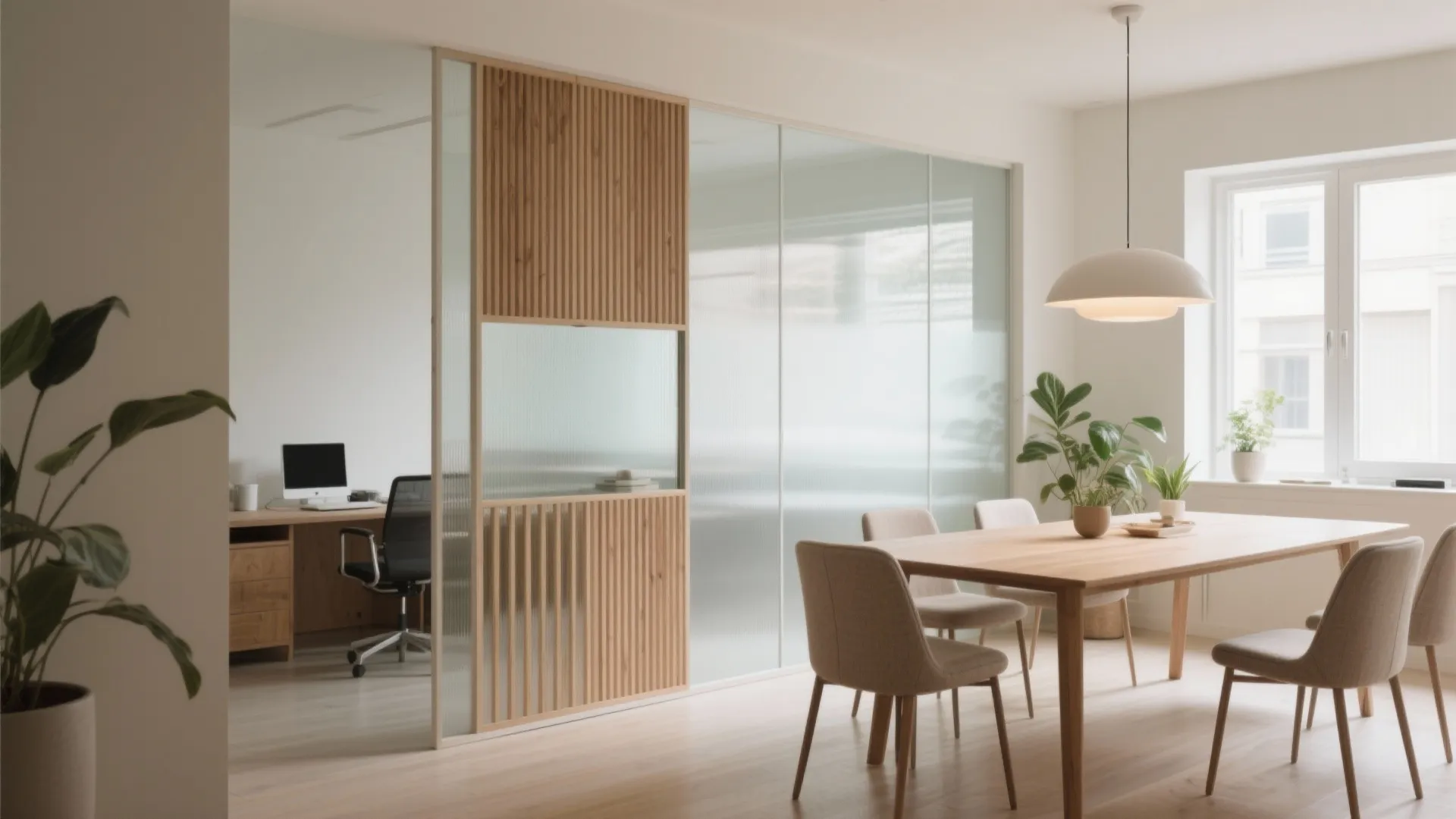 Light, transparent zoning with glass or slatted divider