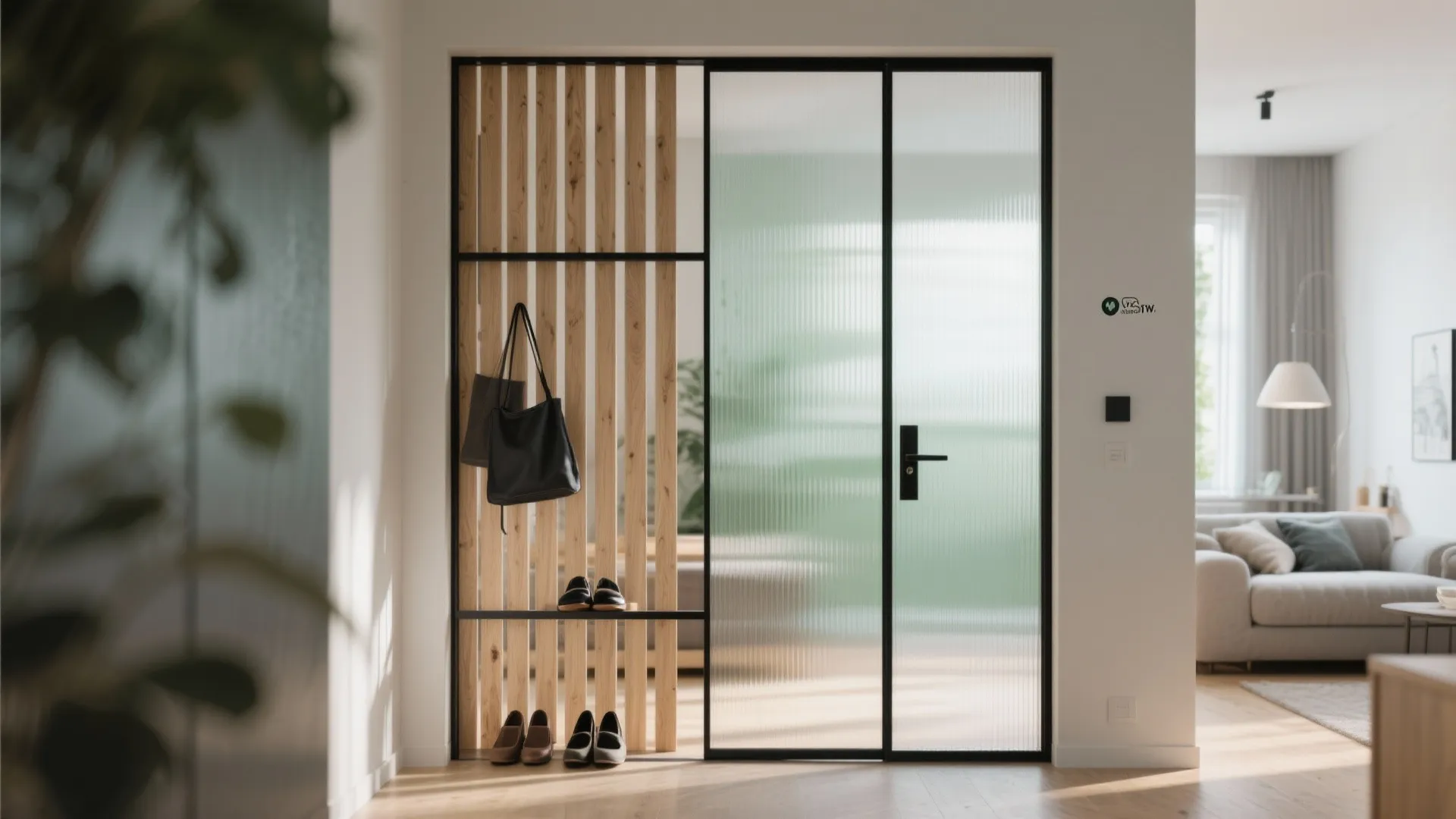 Glass-and-slat divider for a light, defined entry