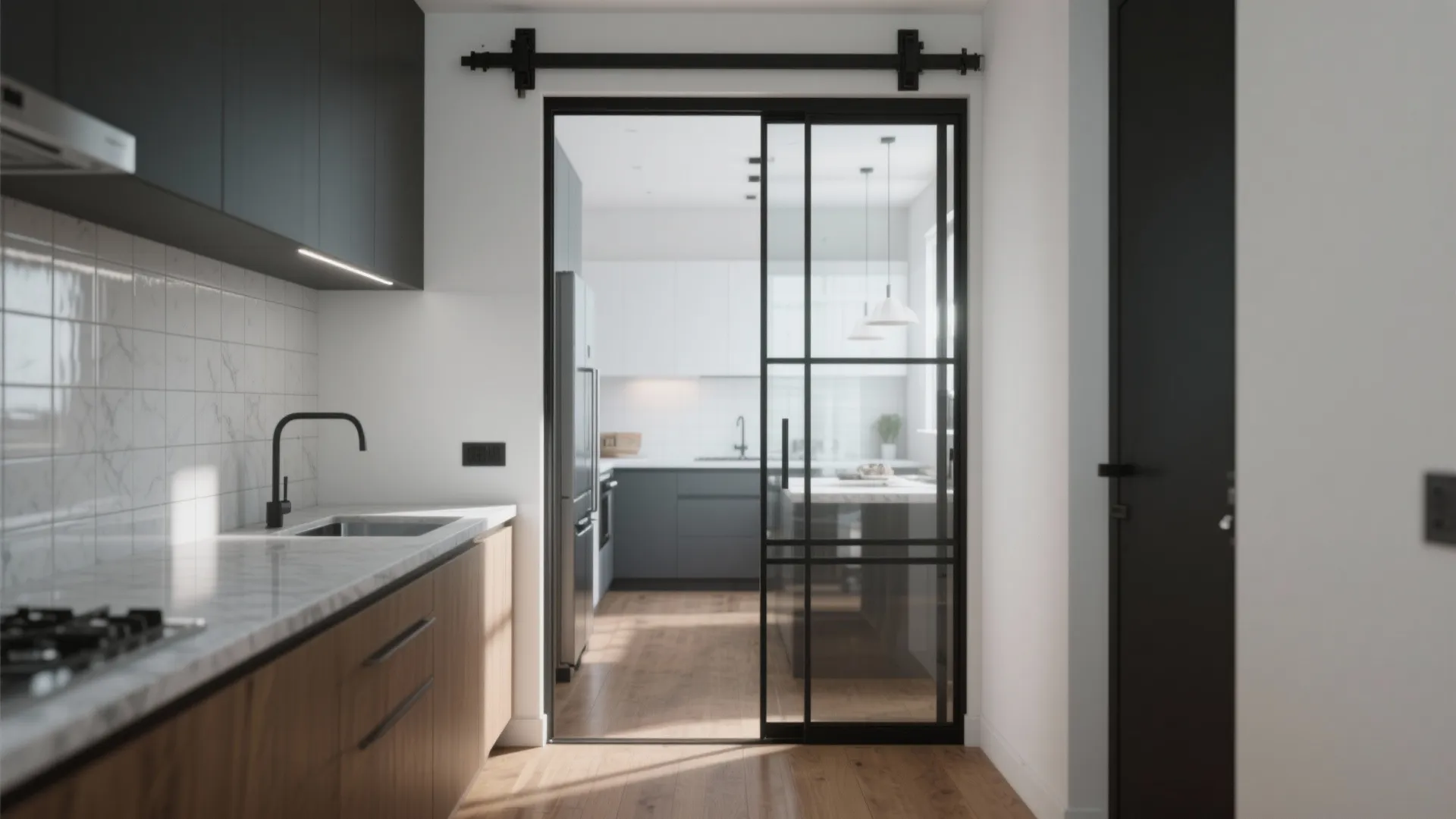 Glass partition wall with sliding door