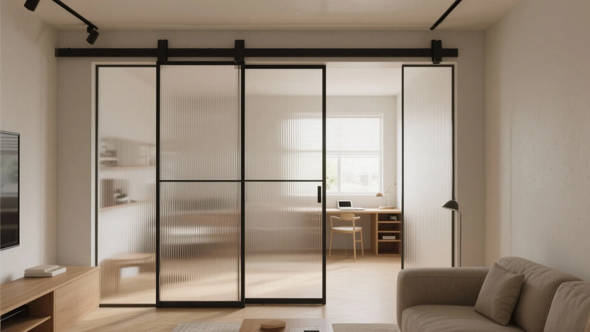 Sliding and glass partitions to stretch space