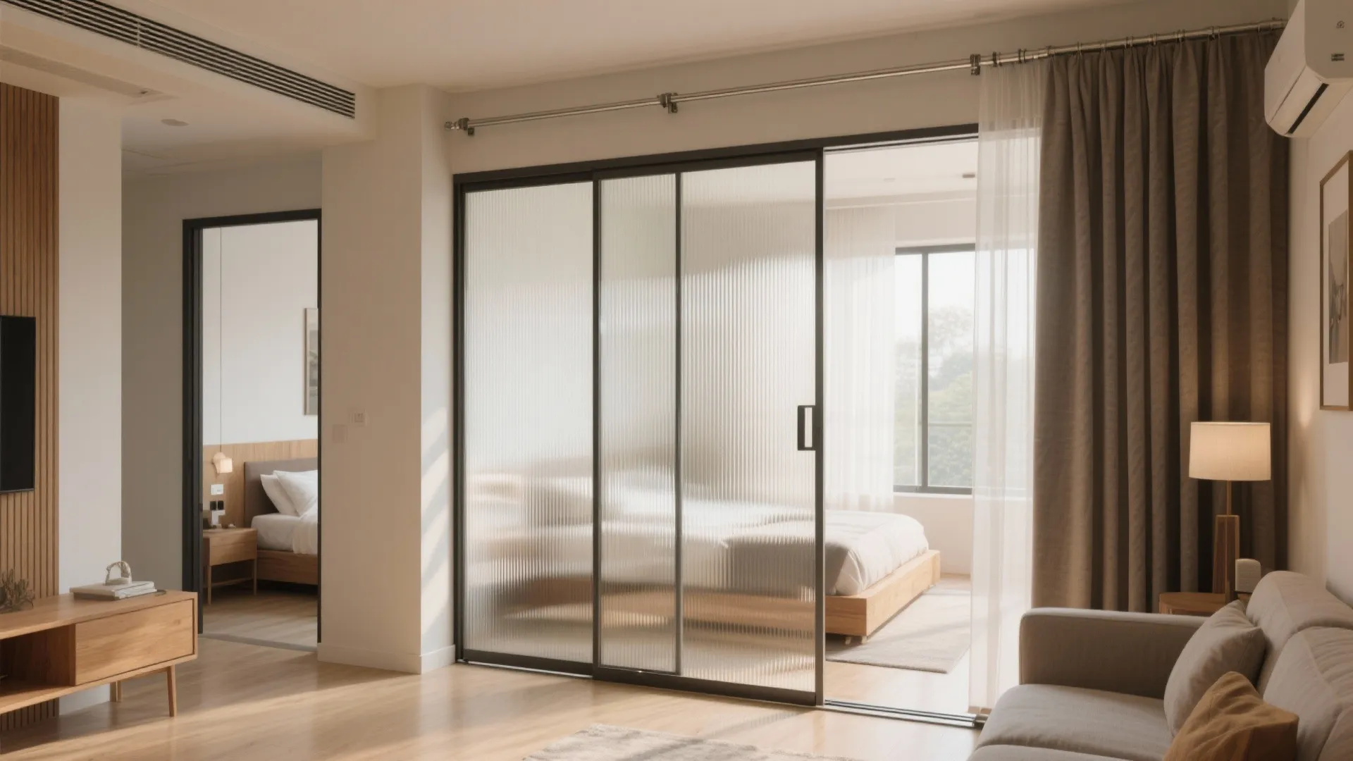 Sliding glass partitions to borrow light