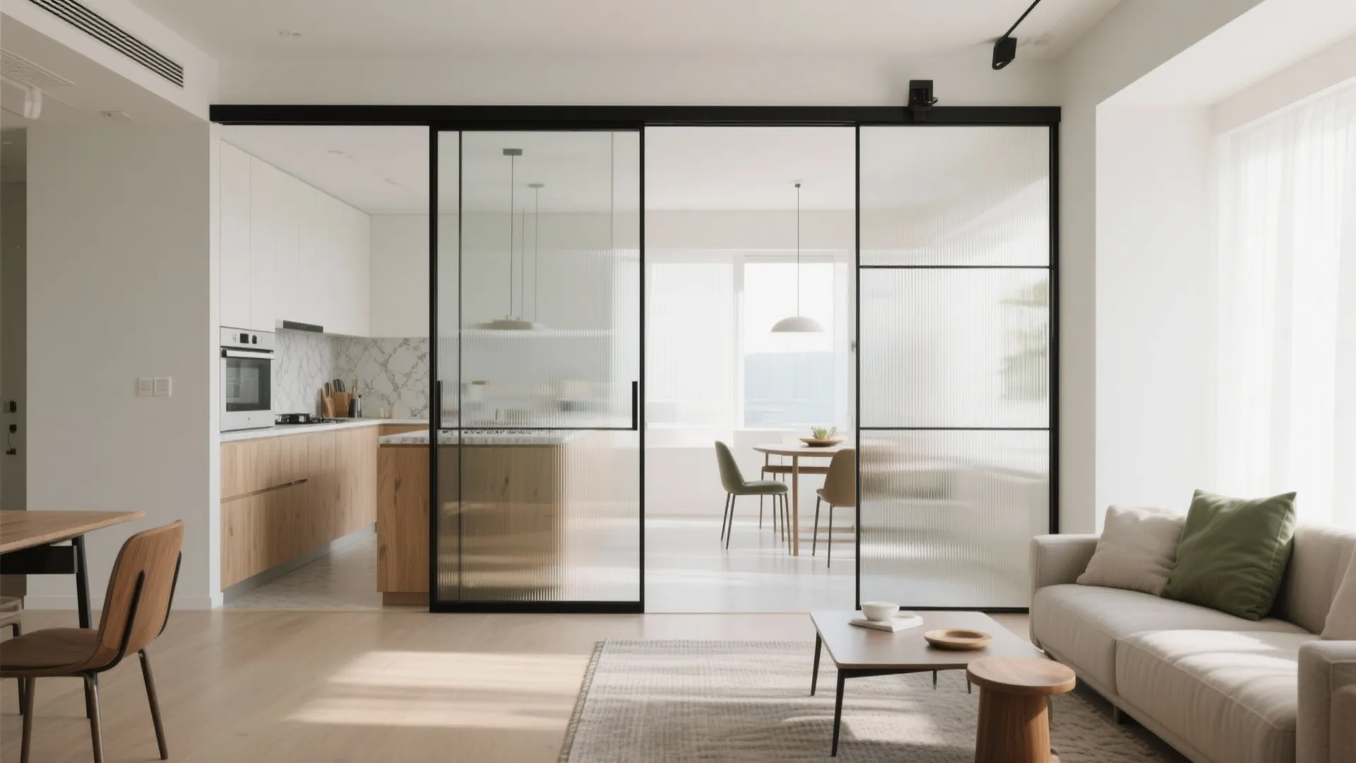 2) Slide-or-seal glass to open up the living–kitchen line