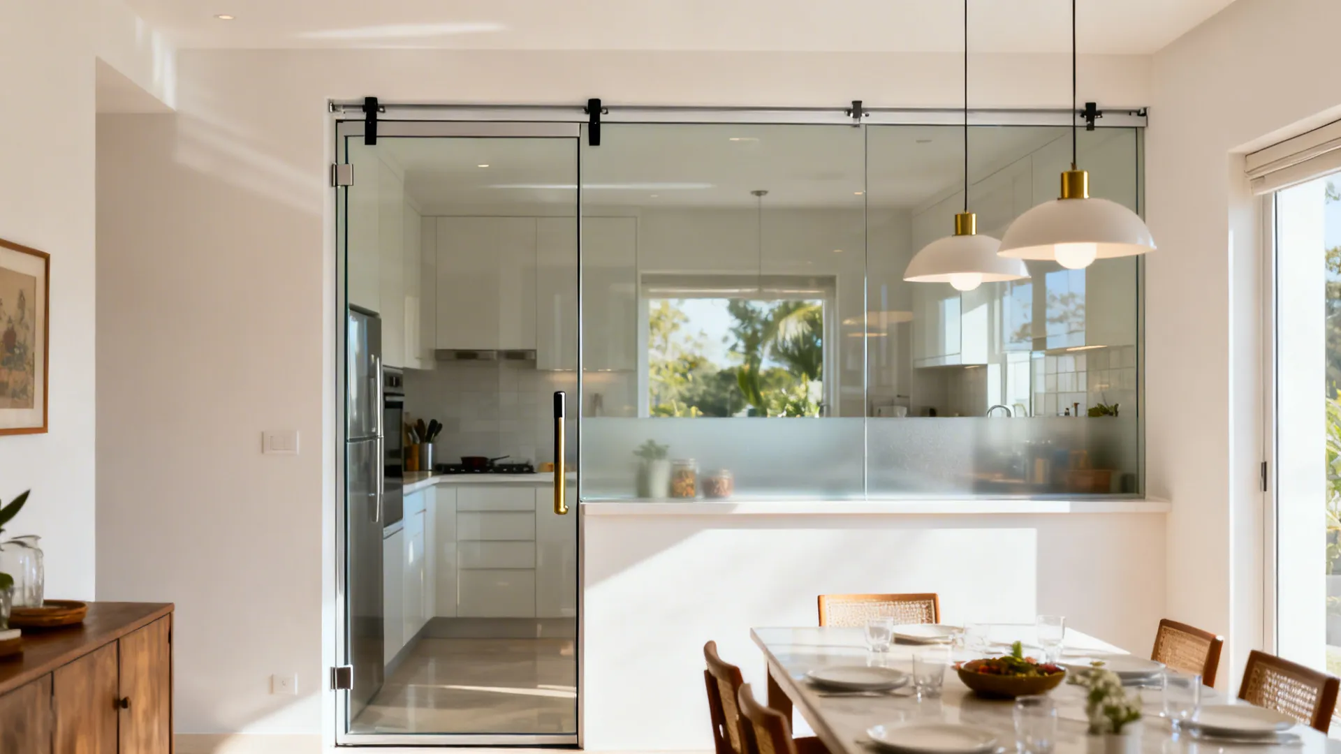 Glass partition with sliding panel: keep light, control splatter