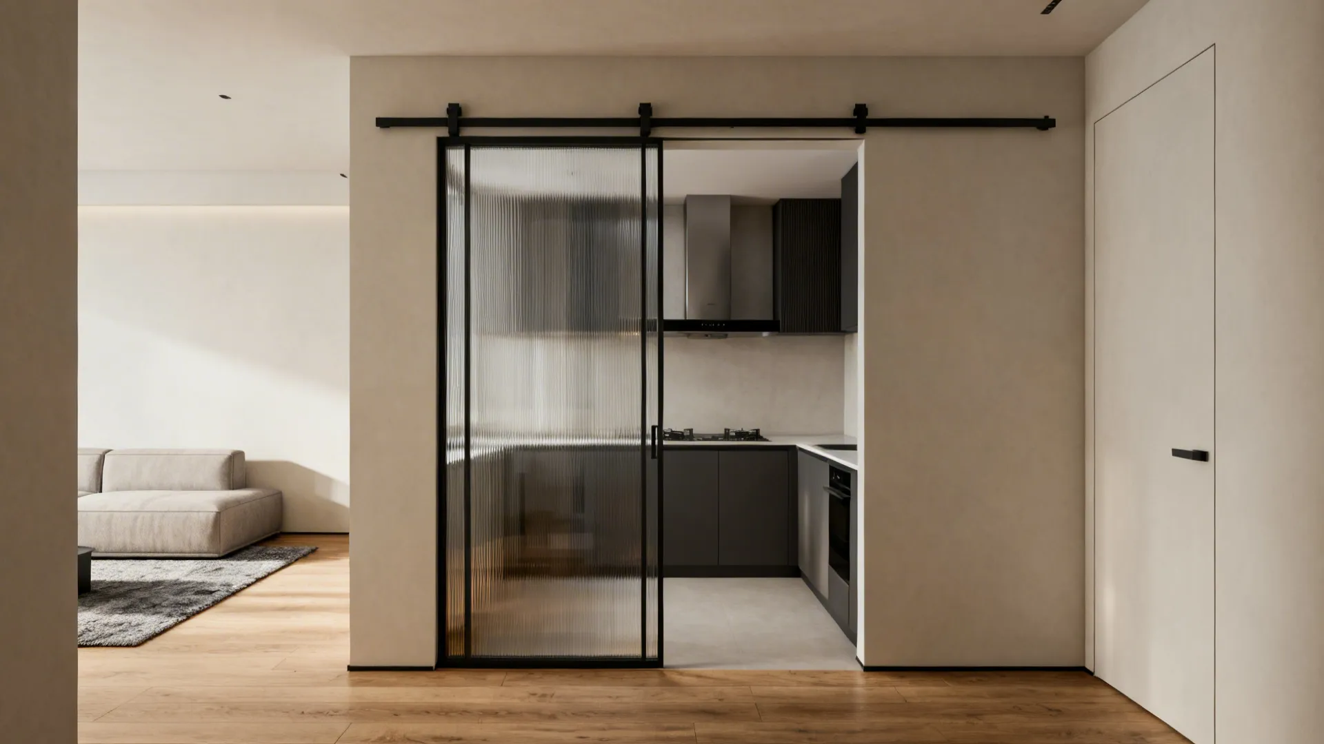 Sliding framed glass partition with reeded panels separates a small kitchen and living area.