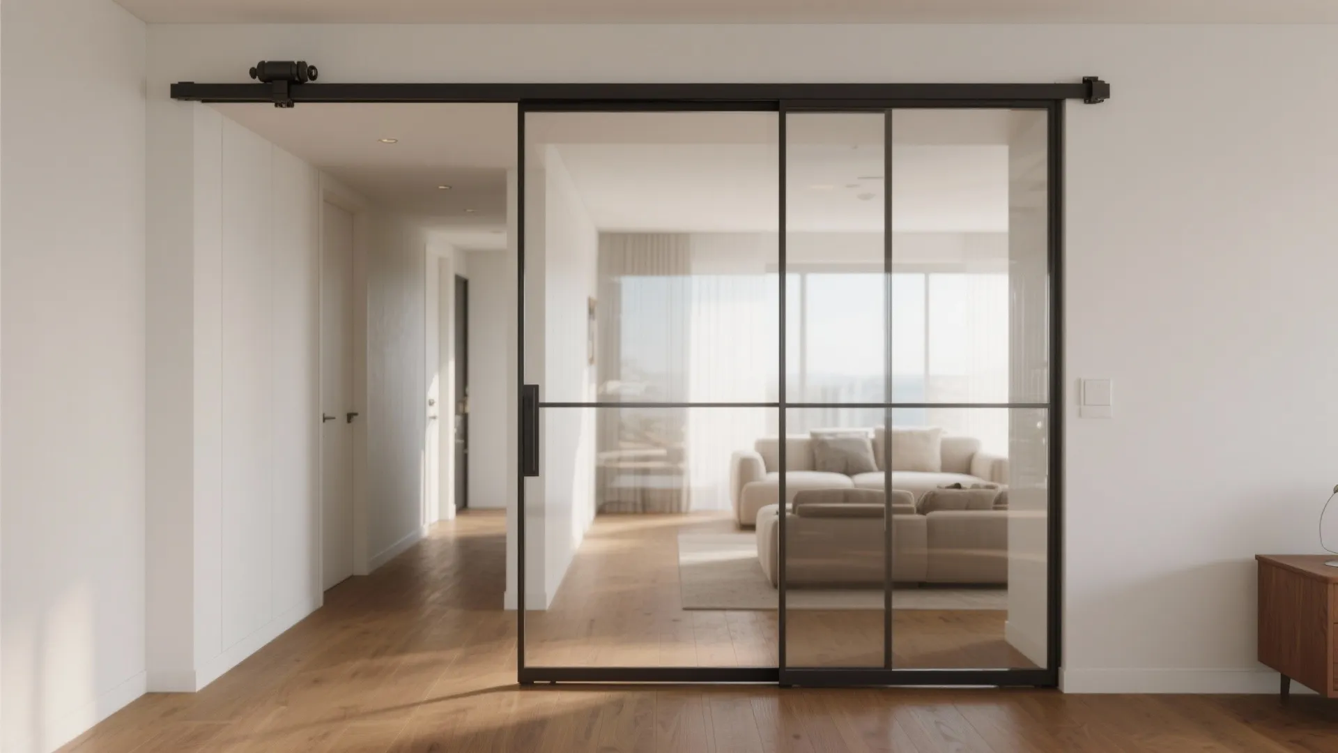 Black frame sliding glass door separating a wooden floor hallway from a bright living room