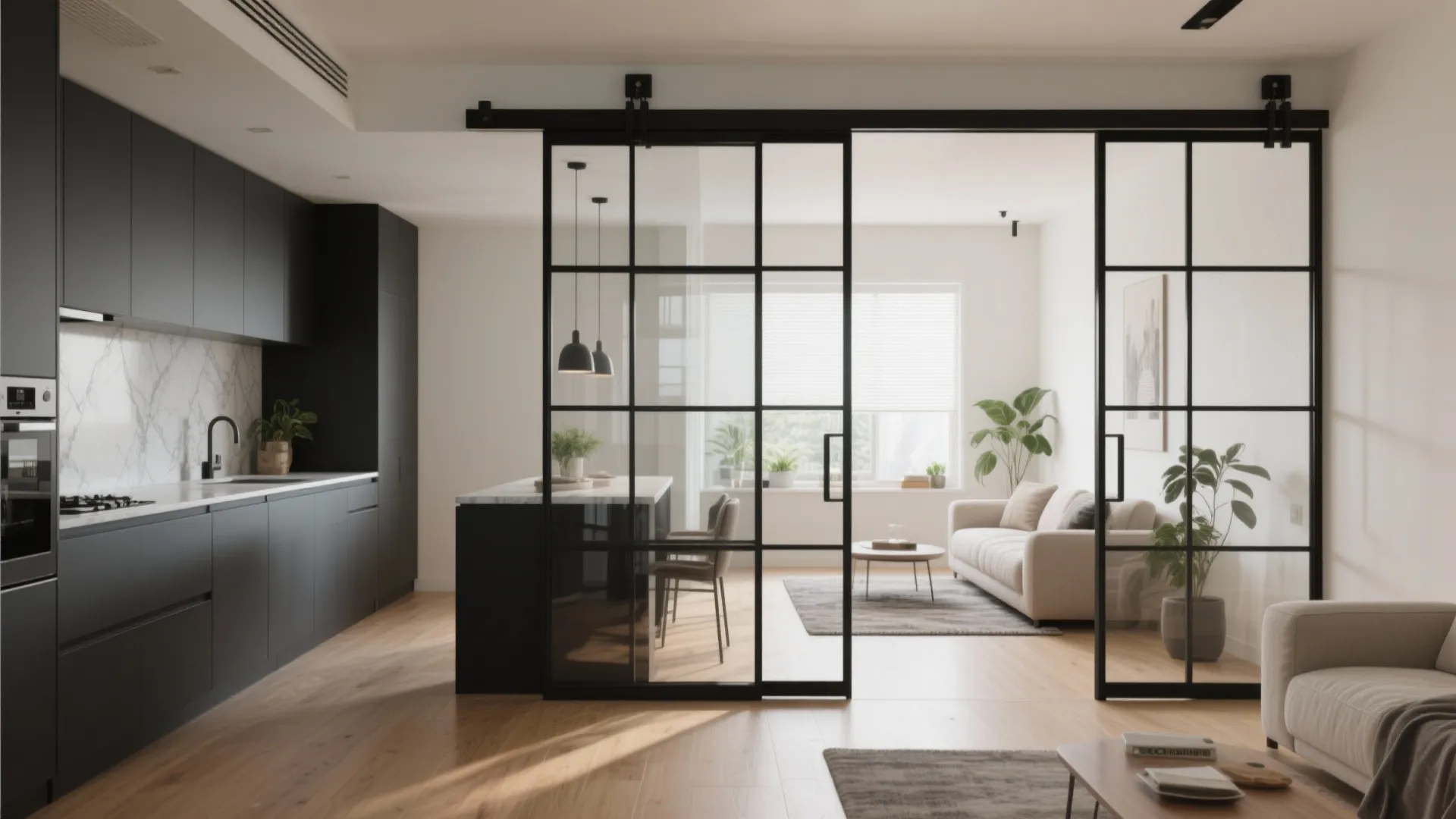 A steel-framed glass sliding partition softly separates a small kitchen from a bright living space.