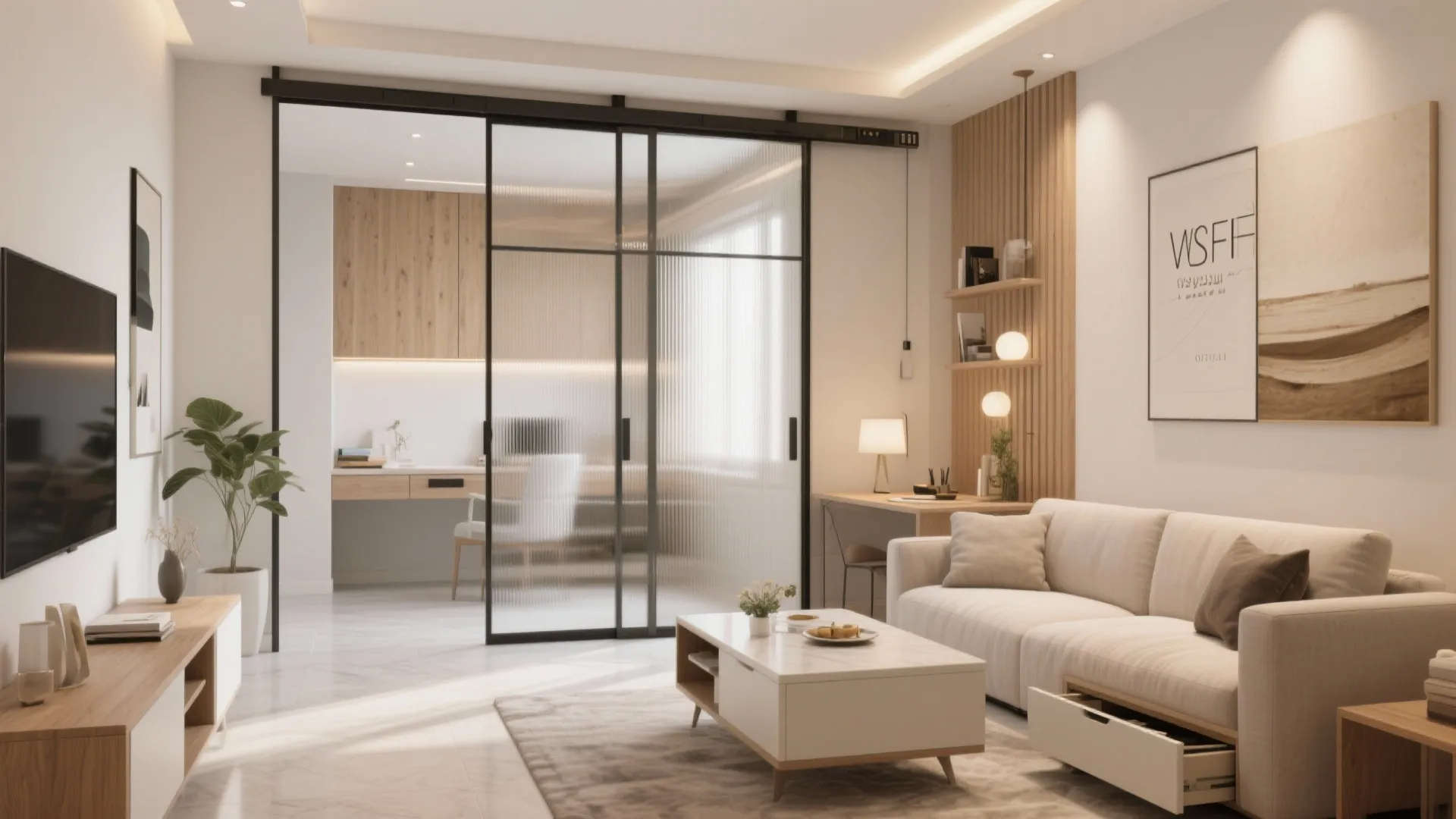 Flexible zones with sliding partitions and smart furniture