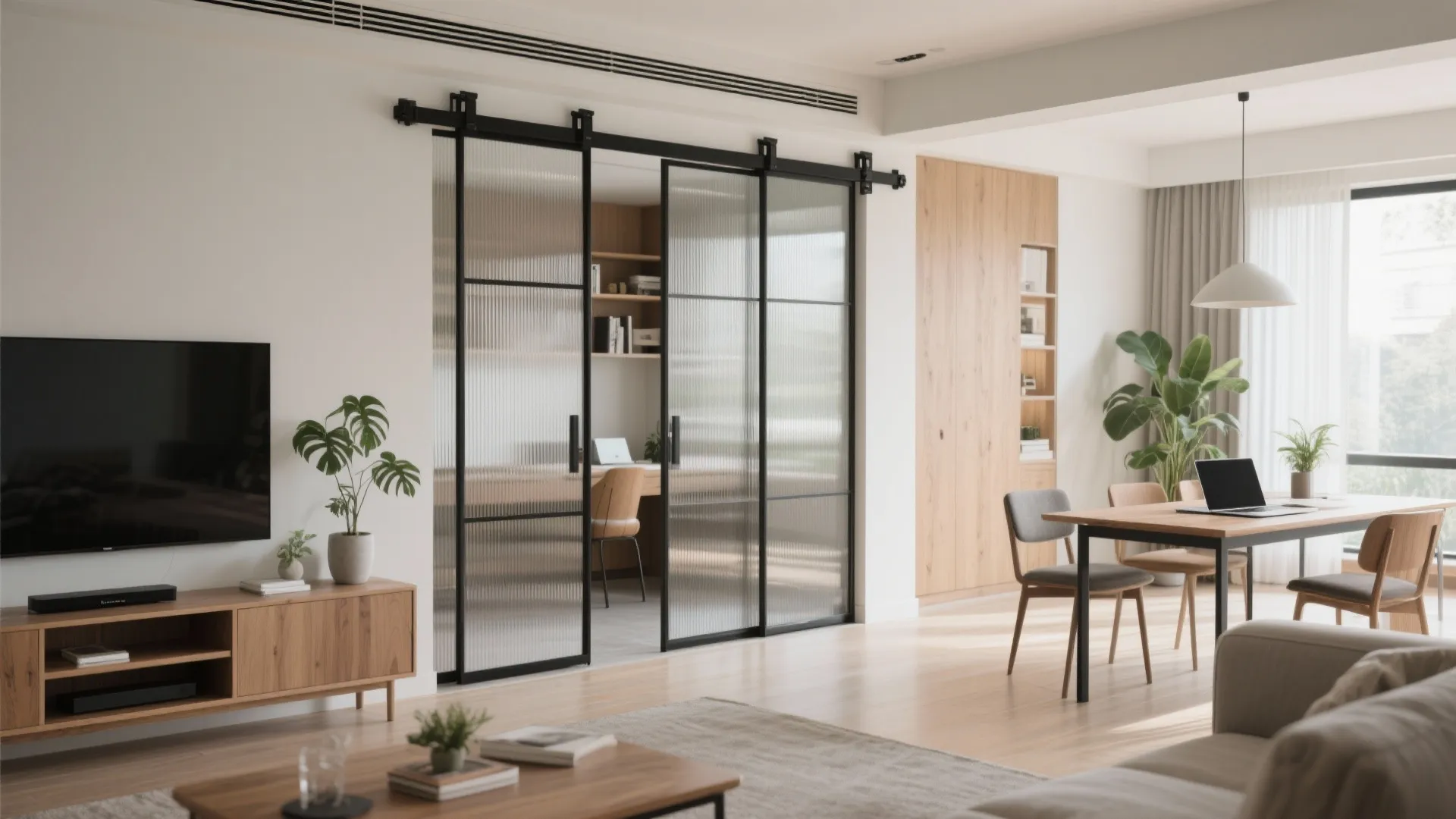3) Light, sliding partitions for flexible living-dining