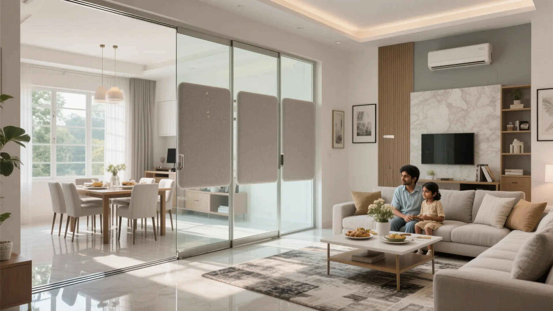 Cross-ventilated living-dining with sliding partitions