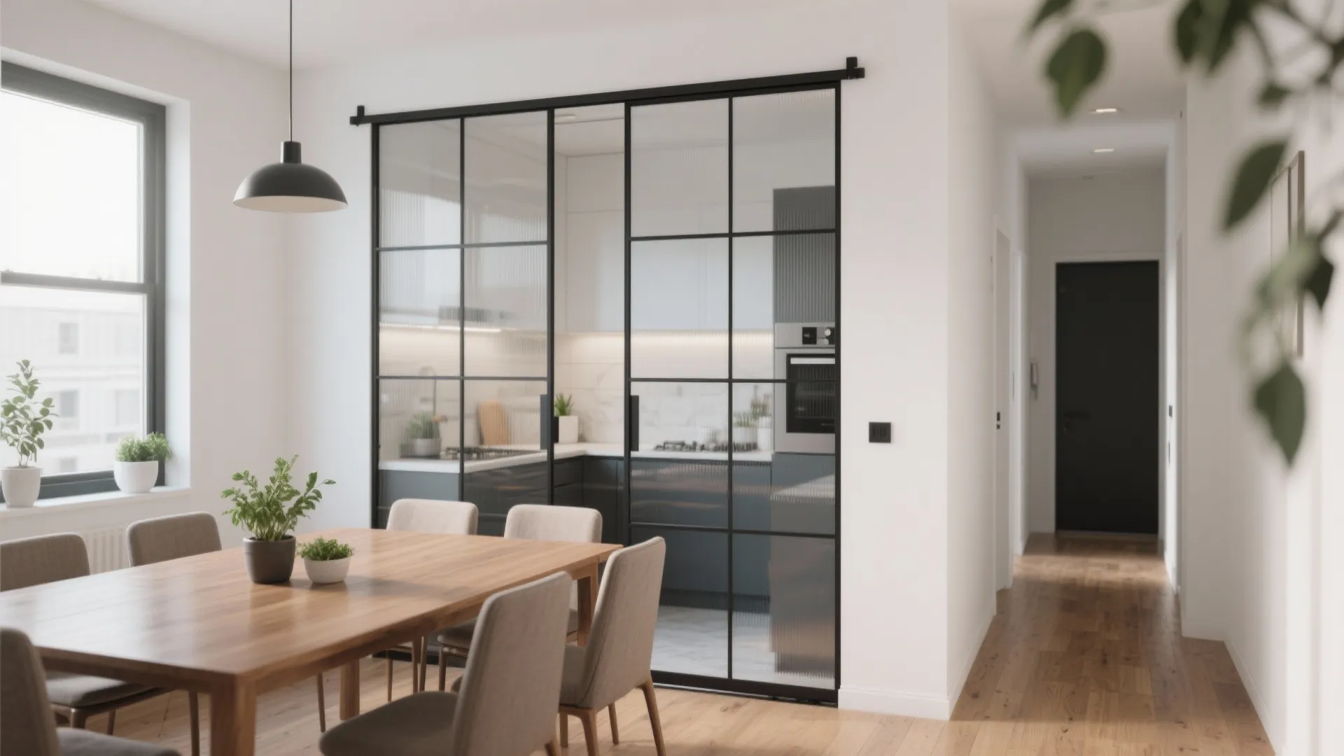 Framed Glass Partition with a Sliding Door