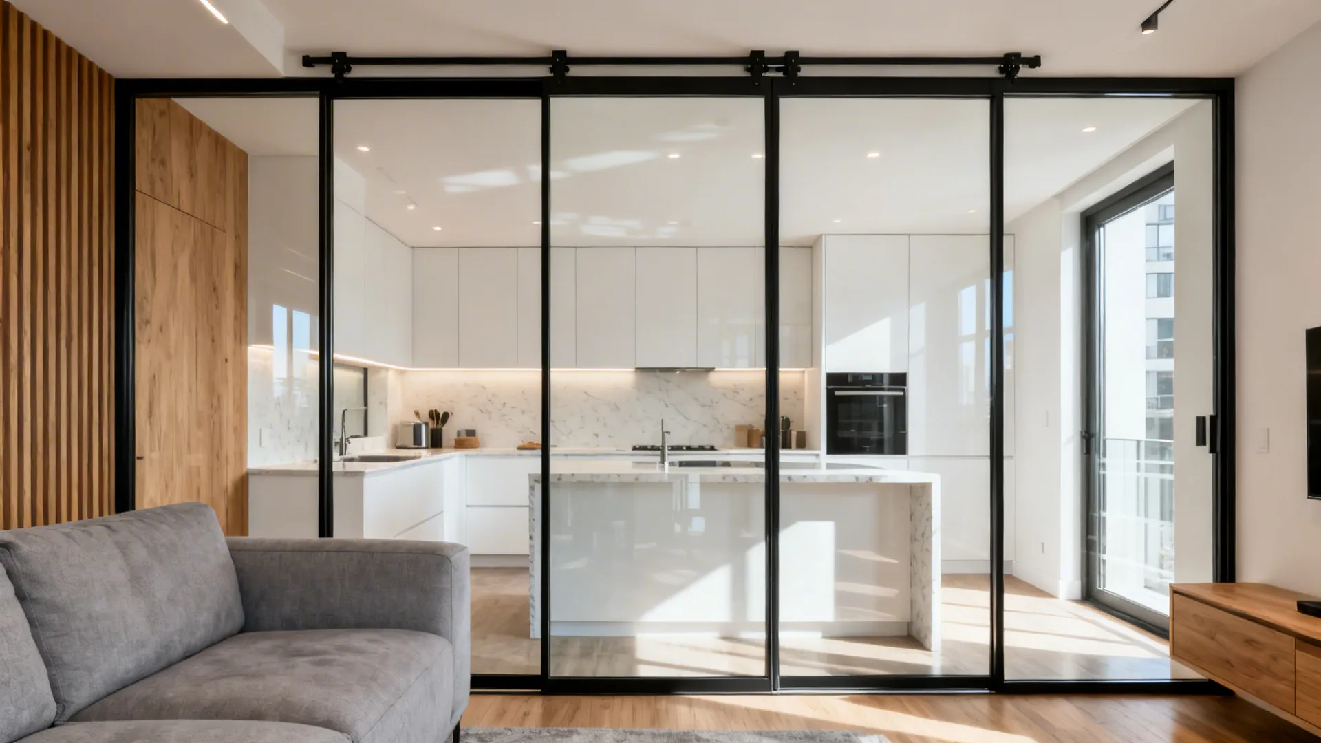 Slim steel-framed glass partition with a top-hung sliding door dividing kitchen and living room.