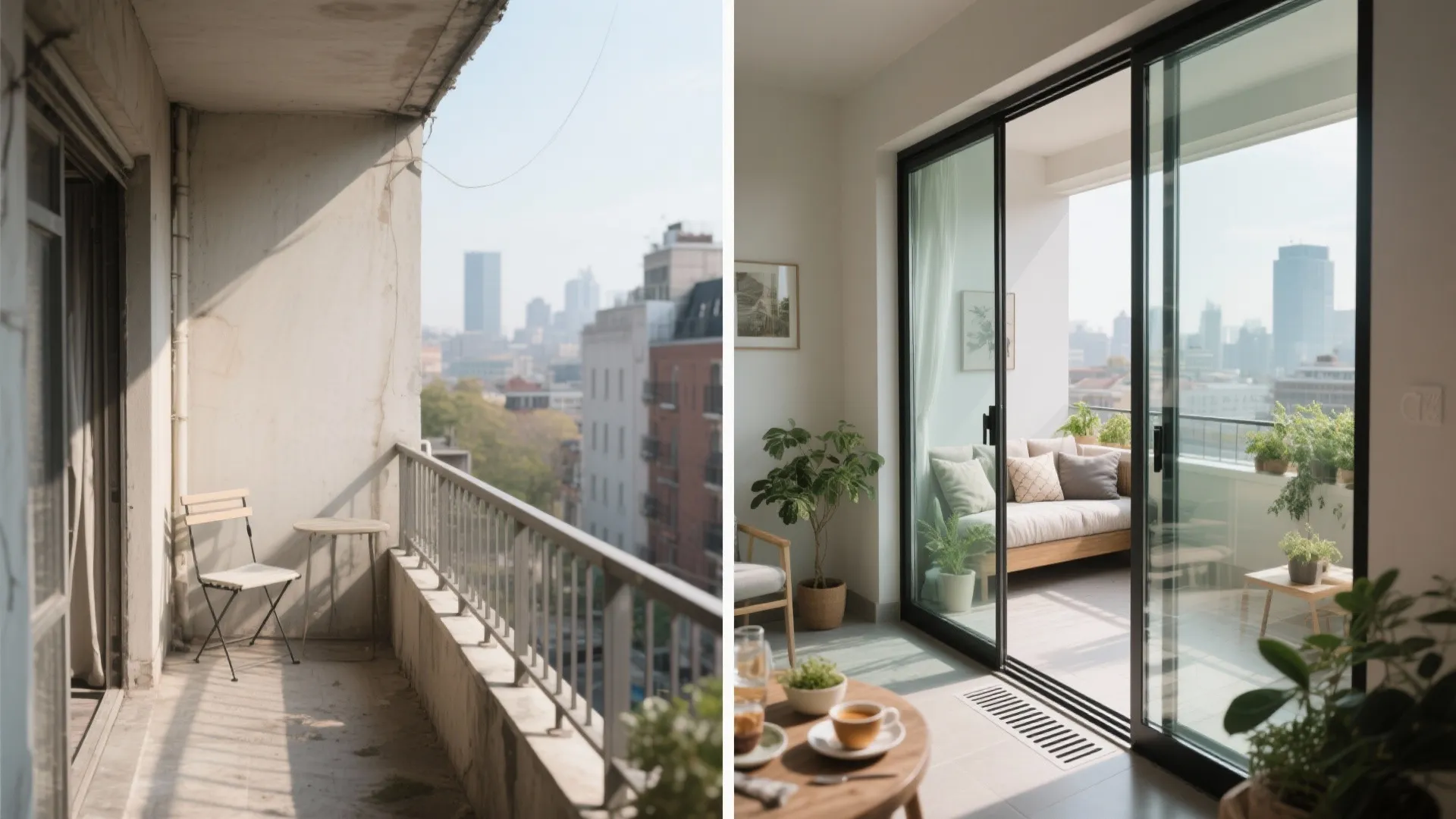 Before-and-after of a small balcony transforming from open railing to frameless glass sliders with a cozy breakfast nook.