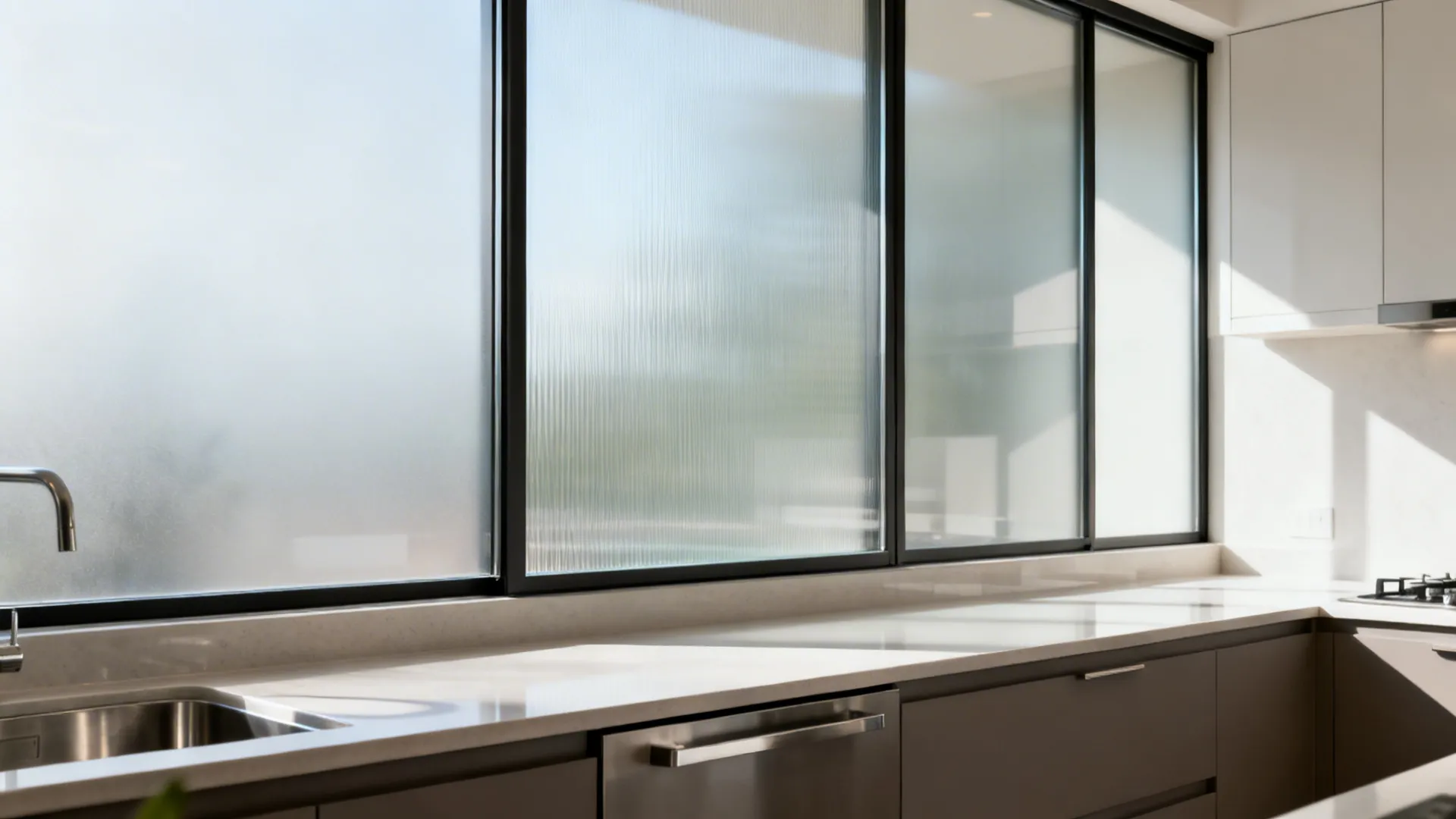 Small modern kitchen with frosted and reeded glass sliding upper doors.