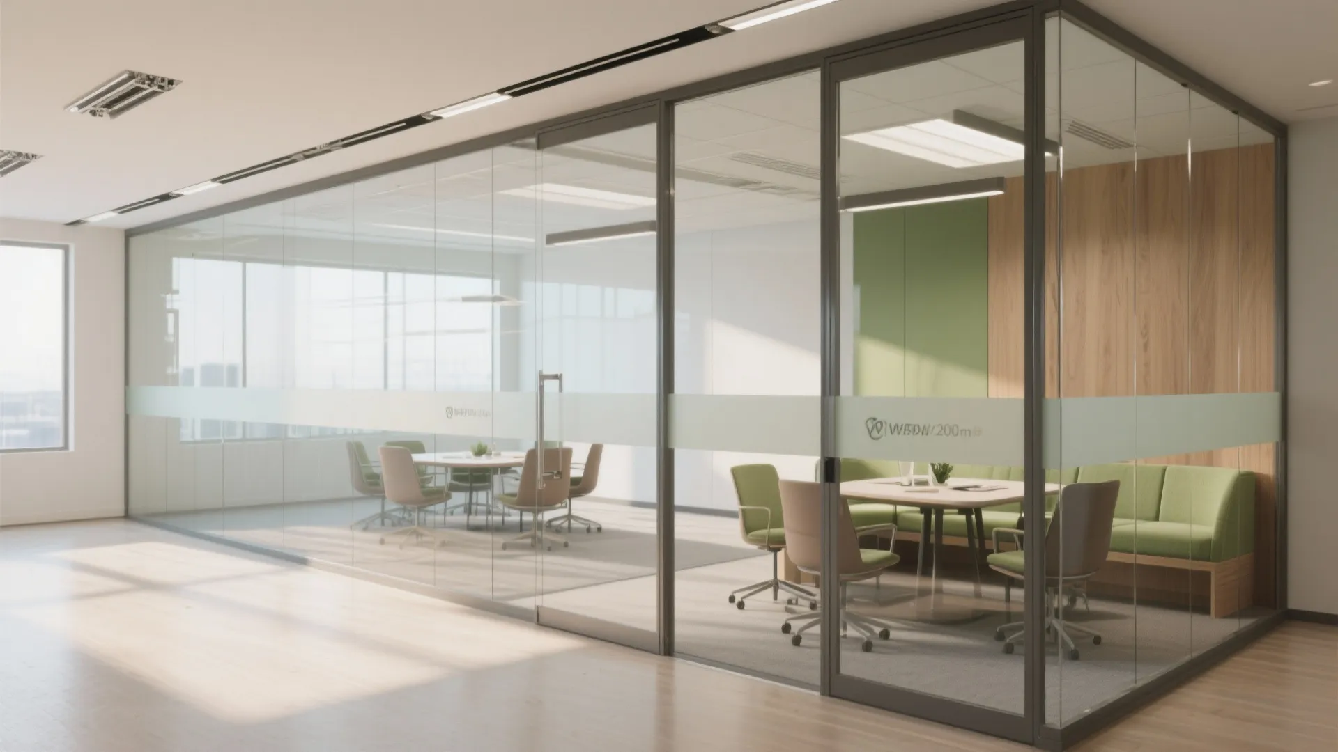 Modern office meeting room with glass sliding doors green chairs round table and wood wall panel