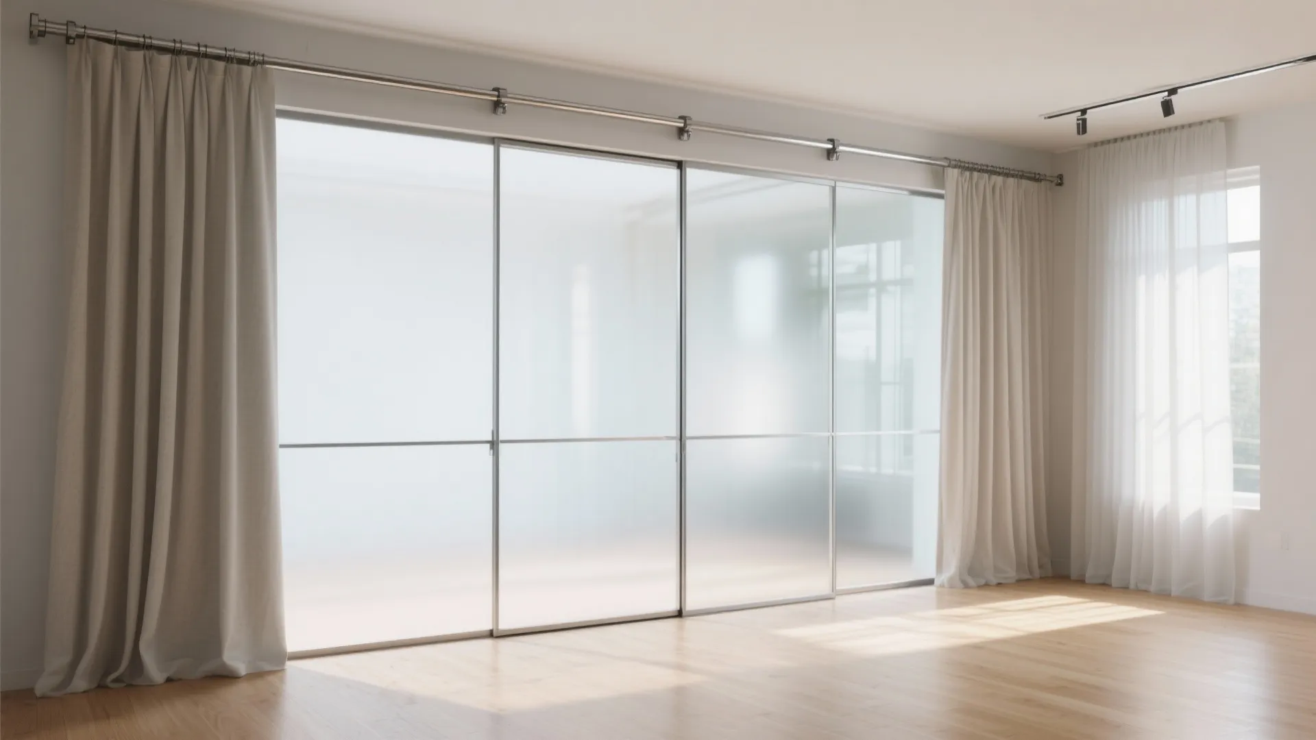 Large frosted glass sliding doors separating empty room with wooden floor and long beige curtains