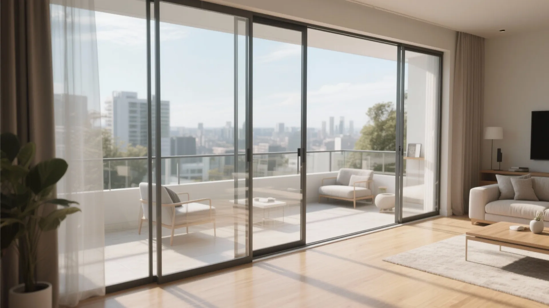Bright living room with large glass sliding doors opening onto a sunny balcony with chairs