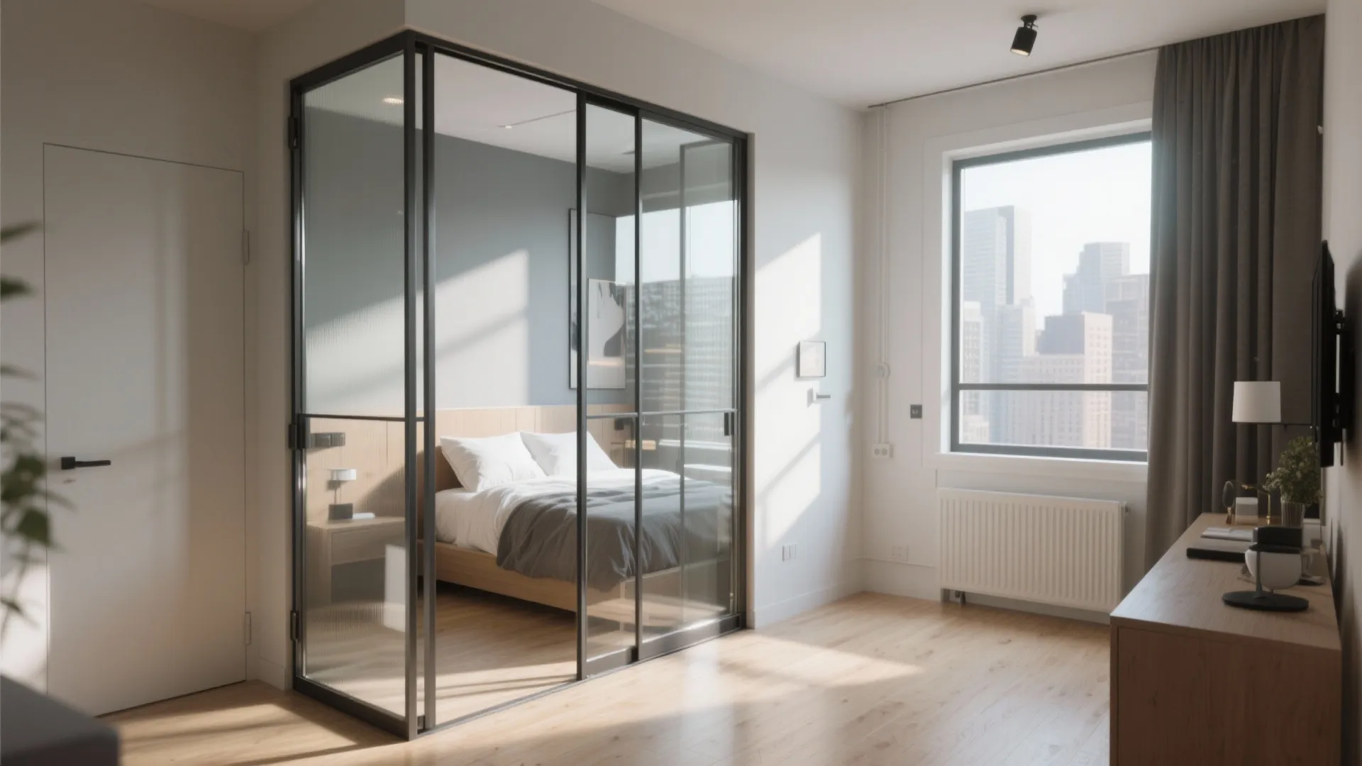 Modern studio apartment with glass sliding doors separating the bedroom area from the wood floor living