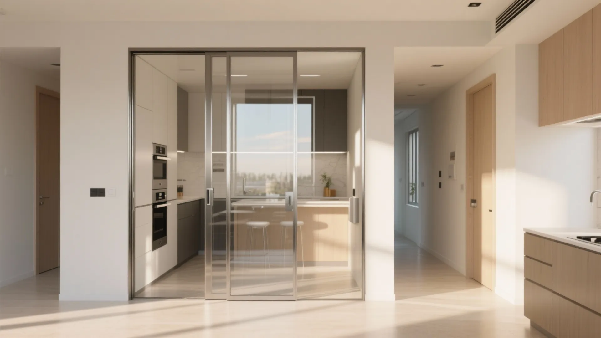 Modern kitchen with glass sliding doors connecting to a bright hallway and clean white walls